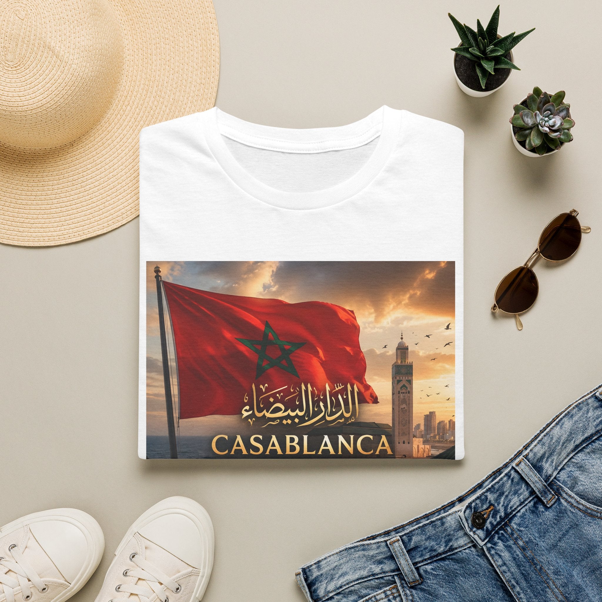 Casablanca Flag T-Shirt — Moroccan Cityscape Tee (Arabic Text 'الدار البيضاء') - LUMÏA