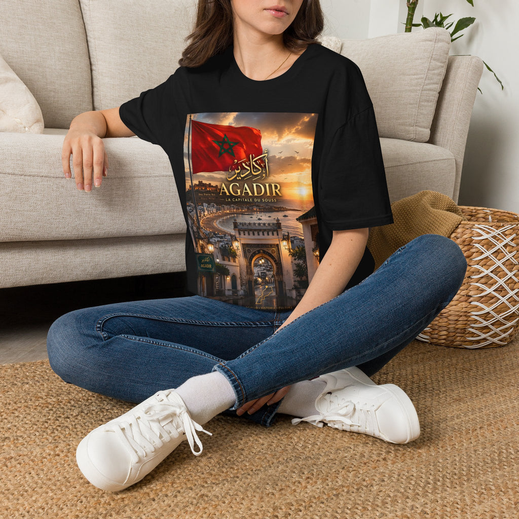 Agadir Morocco Flag T-Shirt — Sunset Cityscape with Arabic Script