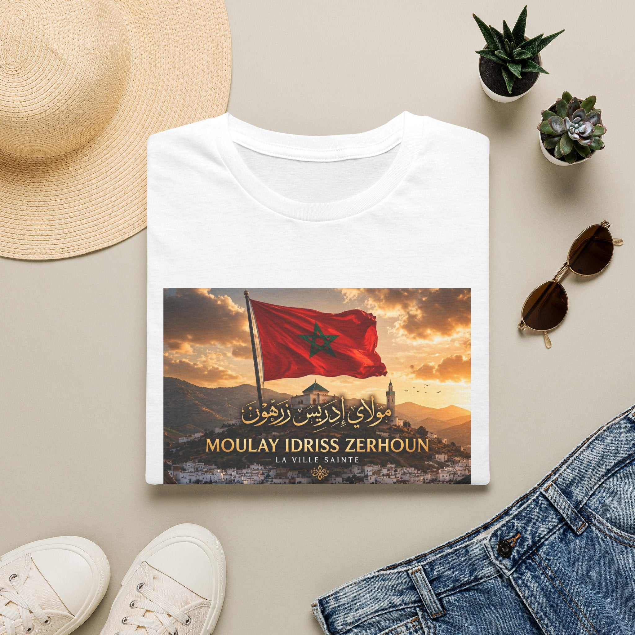 Moulay Idriss Zerhoun Morocco Flag T‑Shirt — Scenic Sunset Cityscape Tee