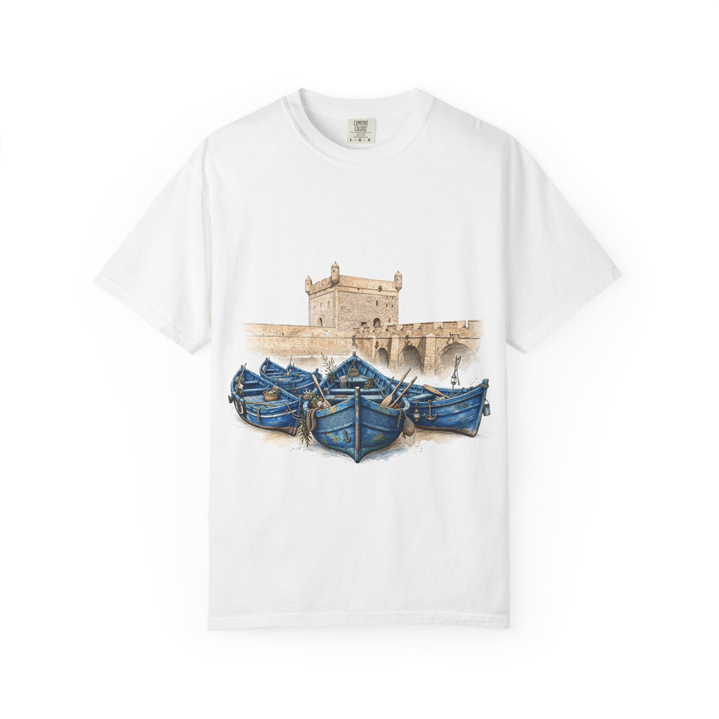 Boat Harbor T-Shirt — Moroccan Blue Fishing Boats & Kasbah Illustration