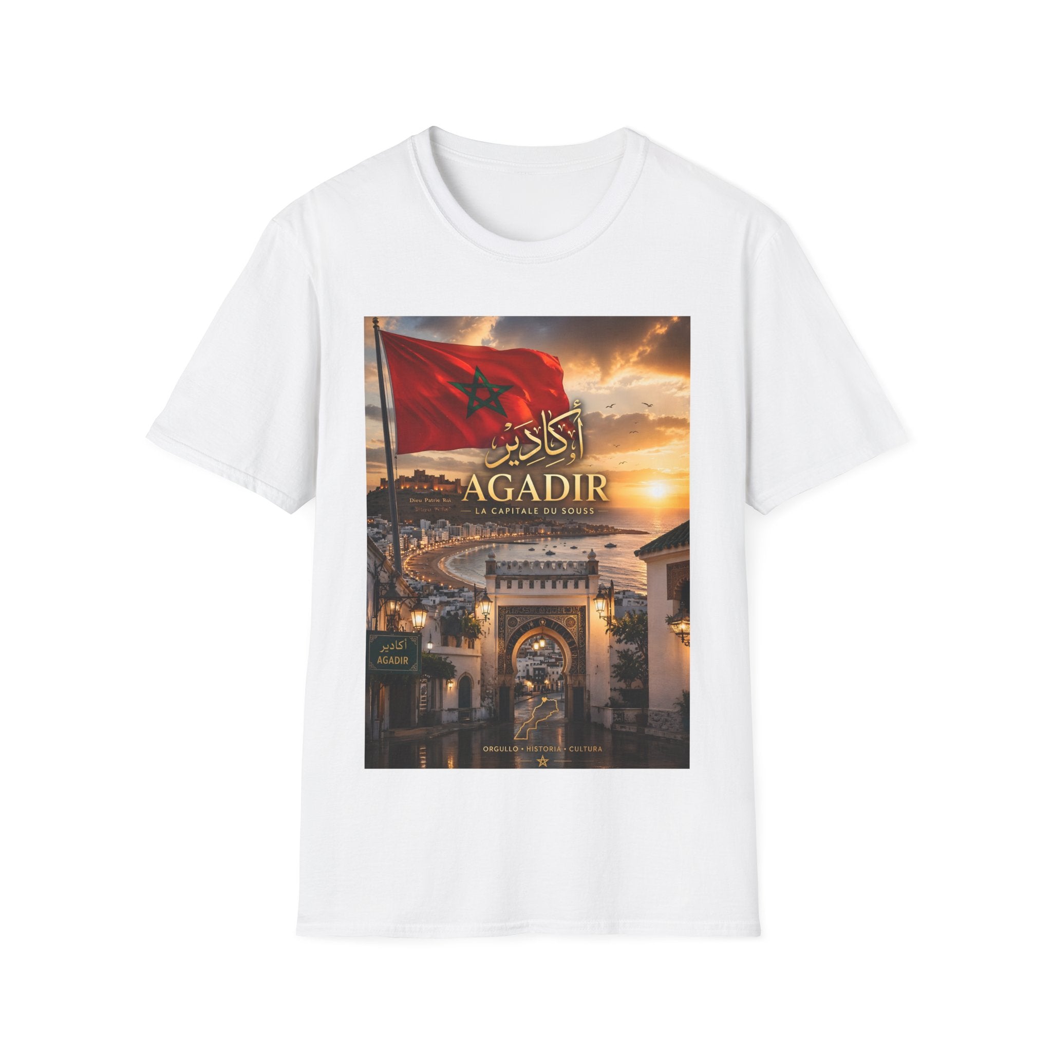Agadir Morocco Flag T-Shirt — Sunset Cityscape with Arabic Script