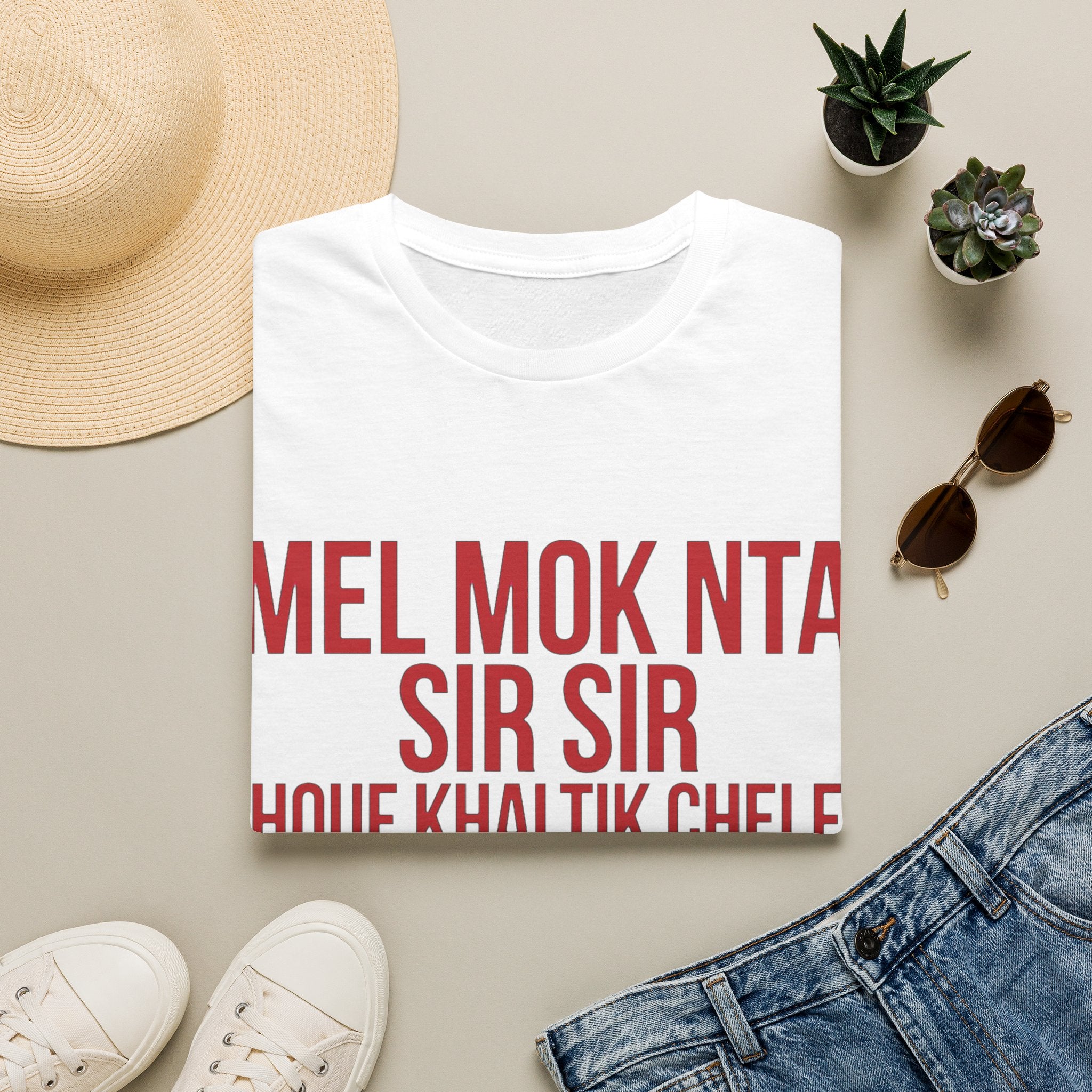 Graphic T-Shirt — Bold Red Text "MEL MOK NTA SIR SIR" Casual Tee