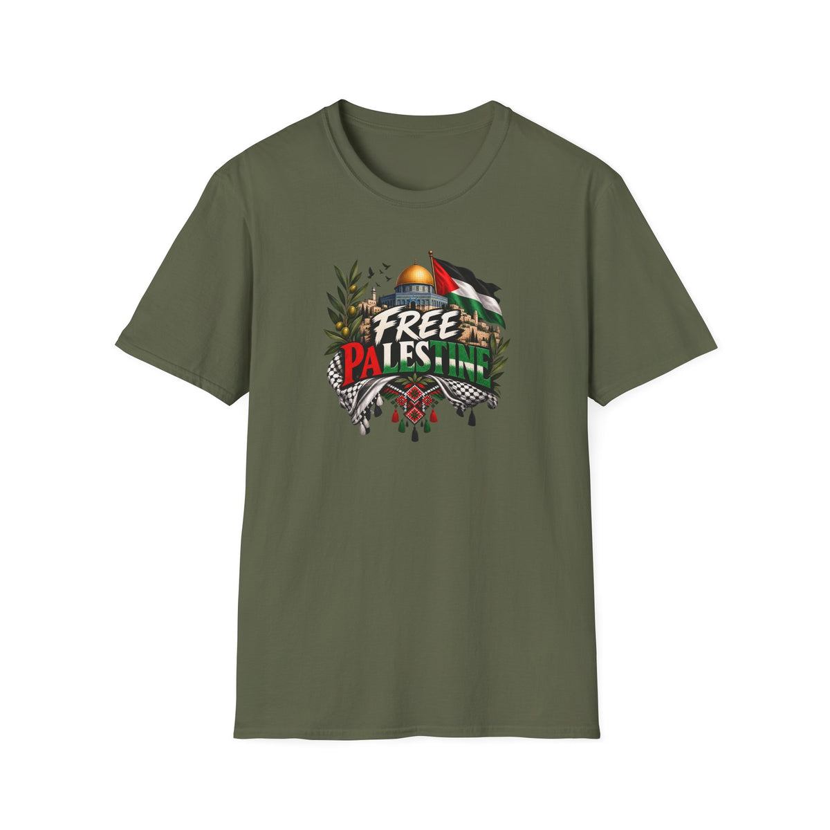 T-shirt Palestine – Motif Dôme du Rocher, branches d’olivier et drapeau - LUMÏA