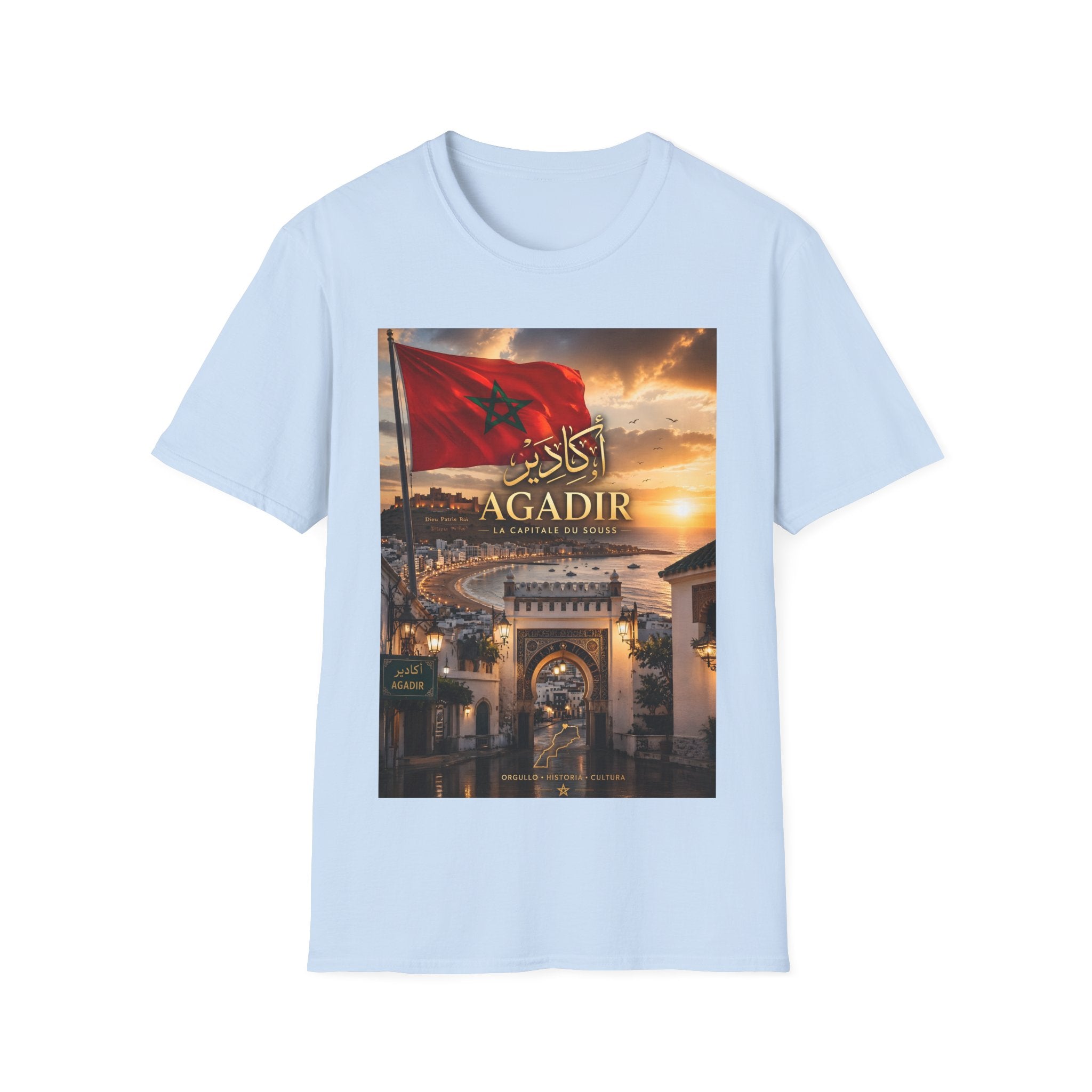 Agadir Morocco Flag T-Shirt — Sunset Cityscape with Arabic Script