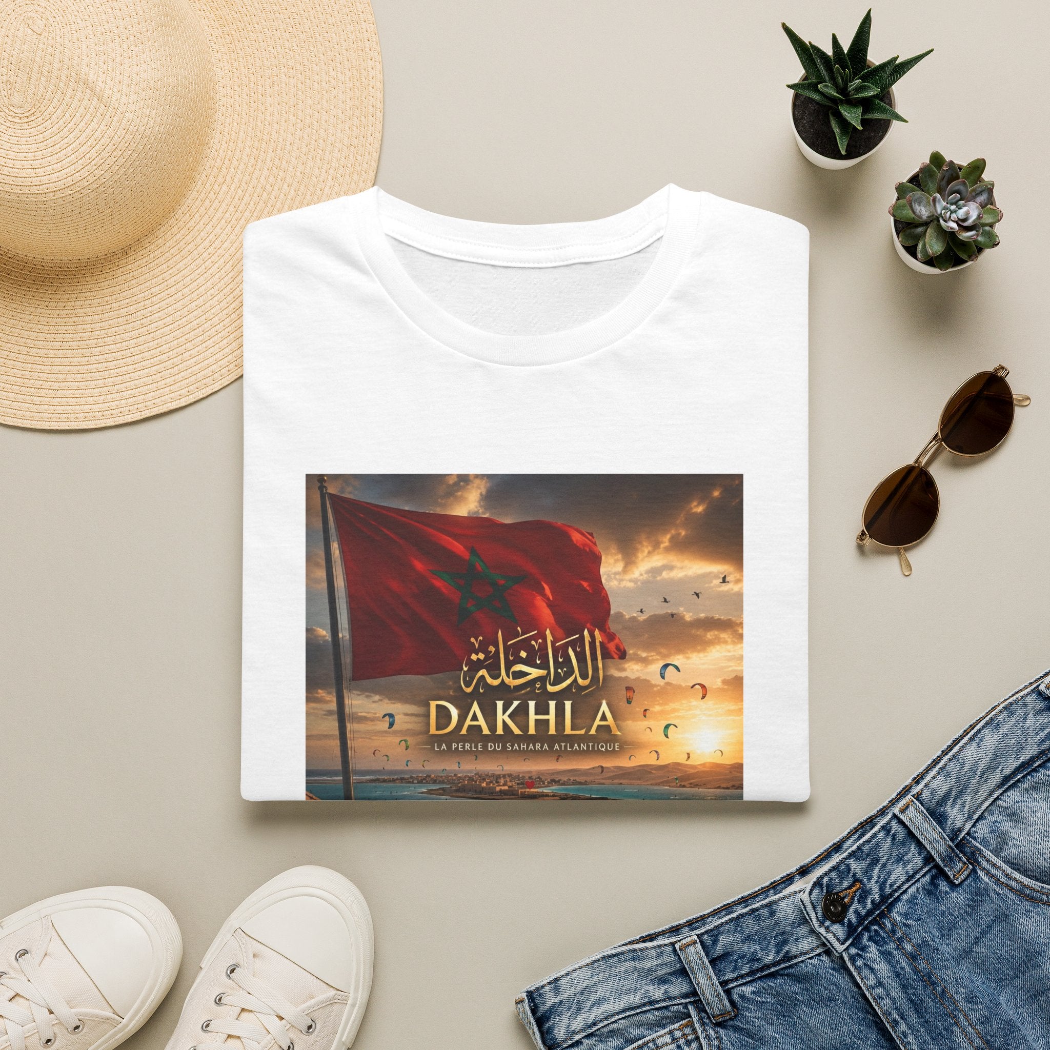 Dakhla Morocco Flag Sunset T-Shirt — Arabic Script Coastal Travel Tee