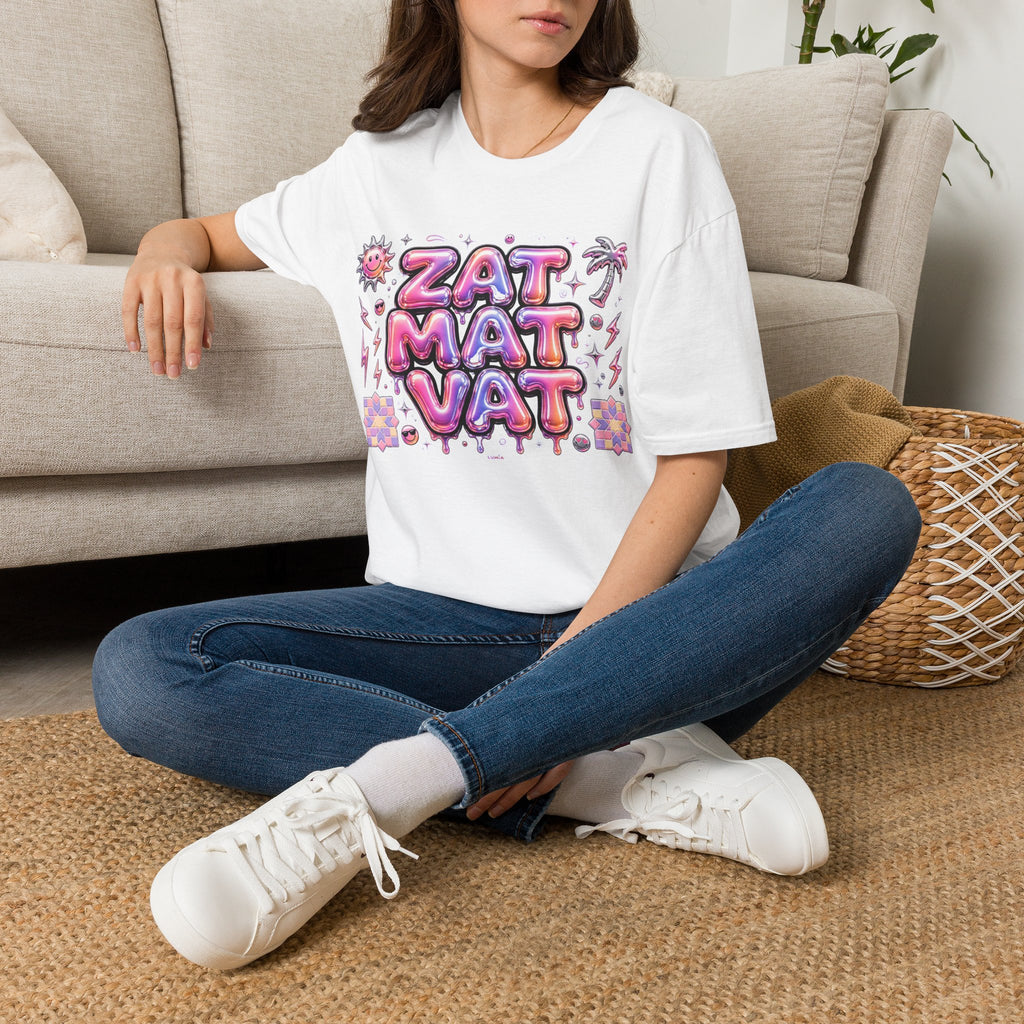 Retro Bubble-Text Tee — 'ZAT MAT VAT' Pink Tropical Graphic T-Shirt