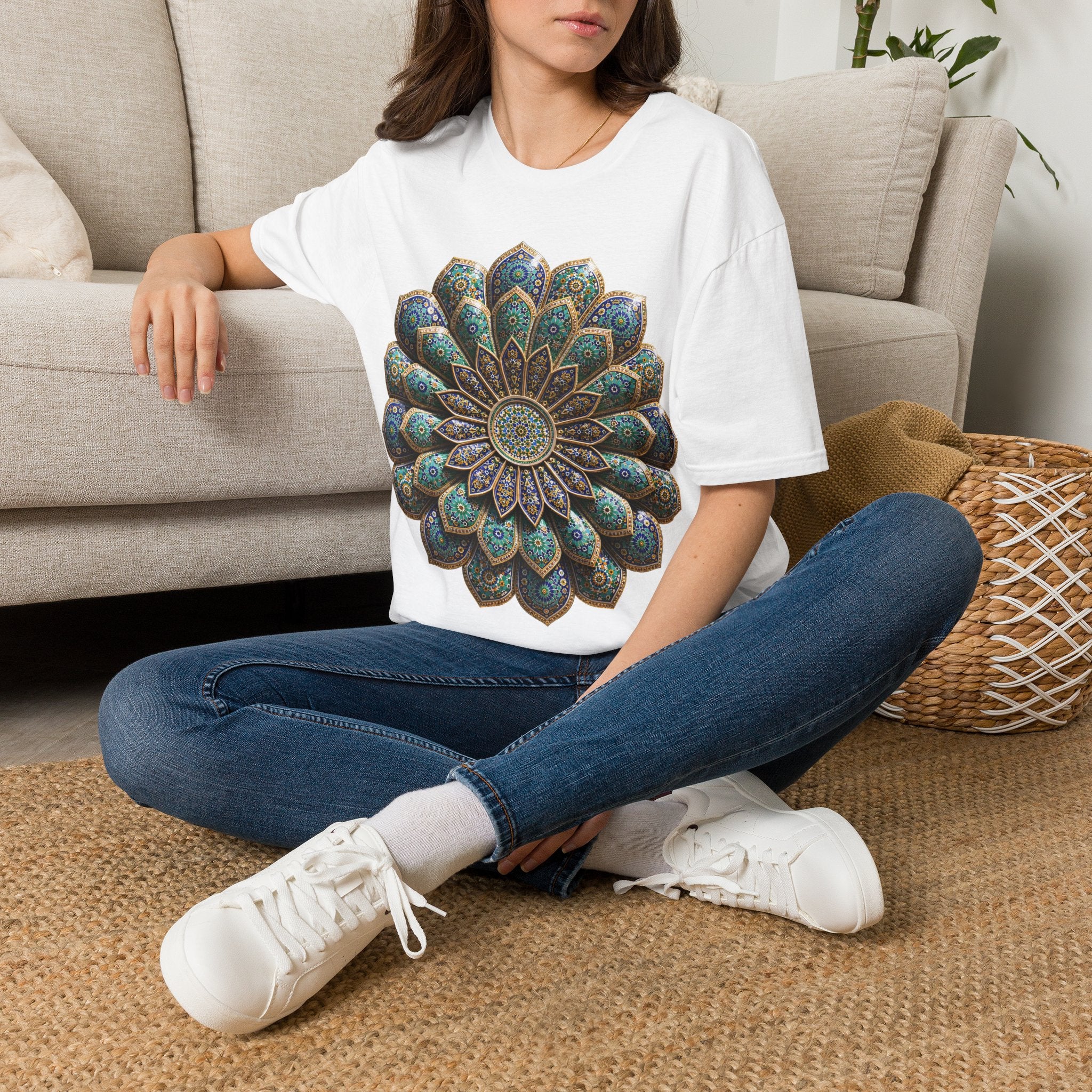 Mandala Flower T-Shirt — Boho Teal & Gold Meditation Graphic Tee