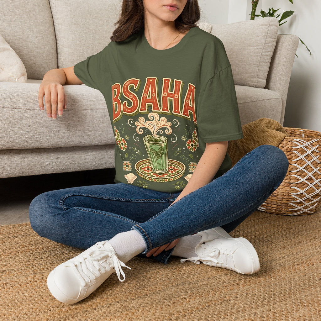 T-Shirt — 'BSAHA' Retro Floral Tee with Matcha Glass Graphic - LUMÏA
