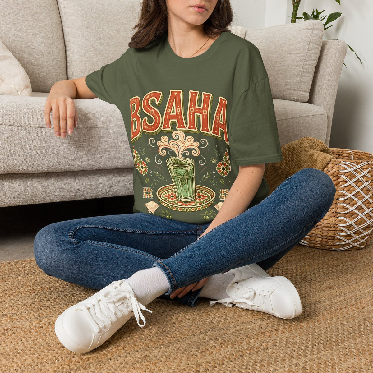 T-Shirt — 'BSAHA' Retro Floral Tee with Matcha Glass Graphic - LUMÏA