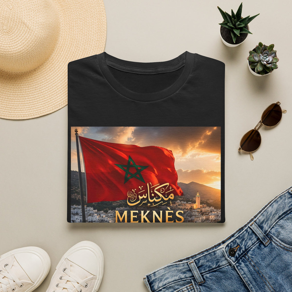 Meknès Morocco Flag T‑Shirt — Arabic Script City Skyline Tee - LUMÏA