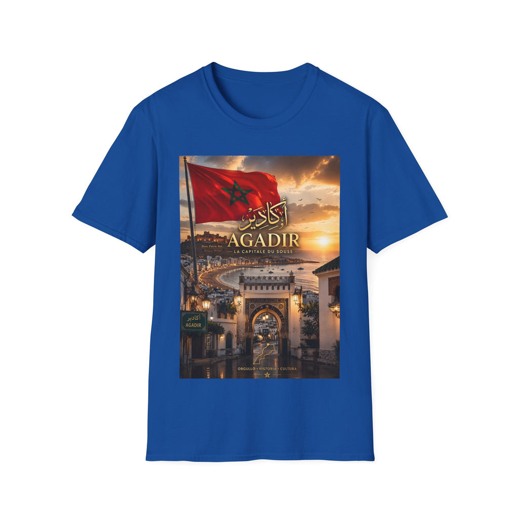 Agadir Morocco Flag T-Shirt — Sunset Cityscape with Arabic Script