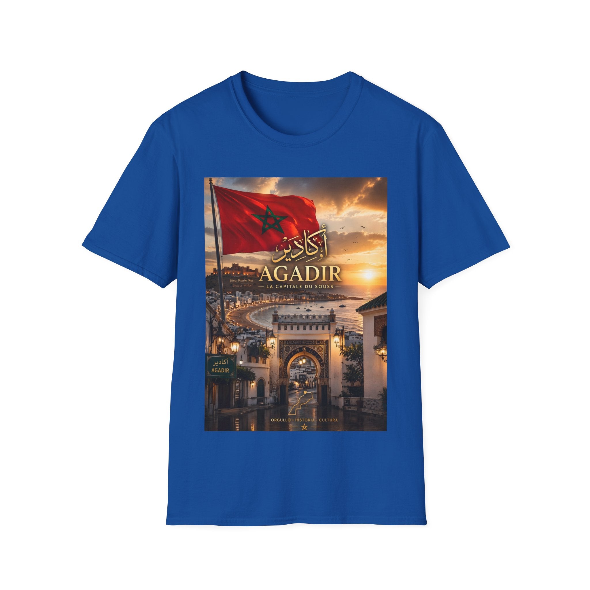 Agadir Morocco Flag T-Shirt — Sunset Cityscape with Arabic Script