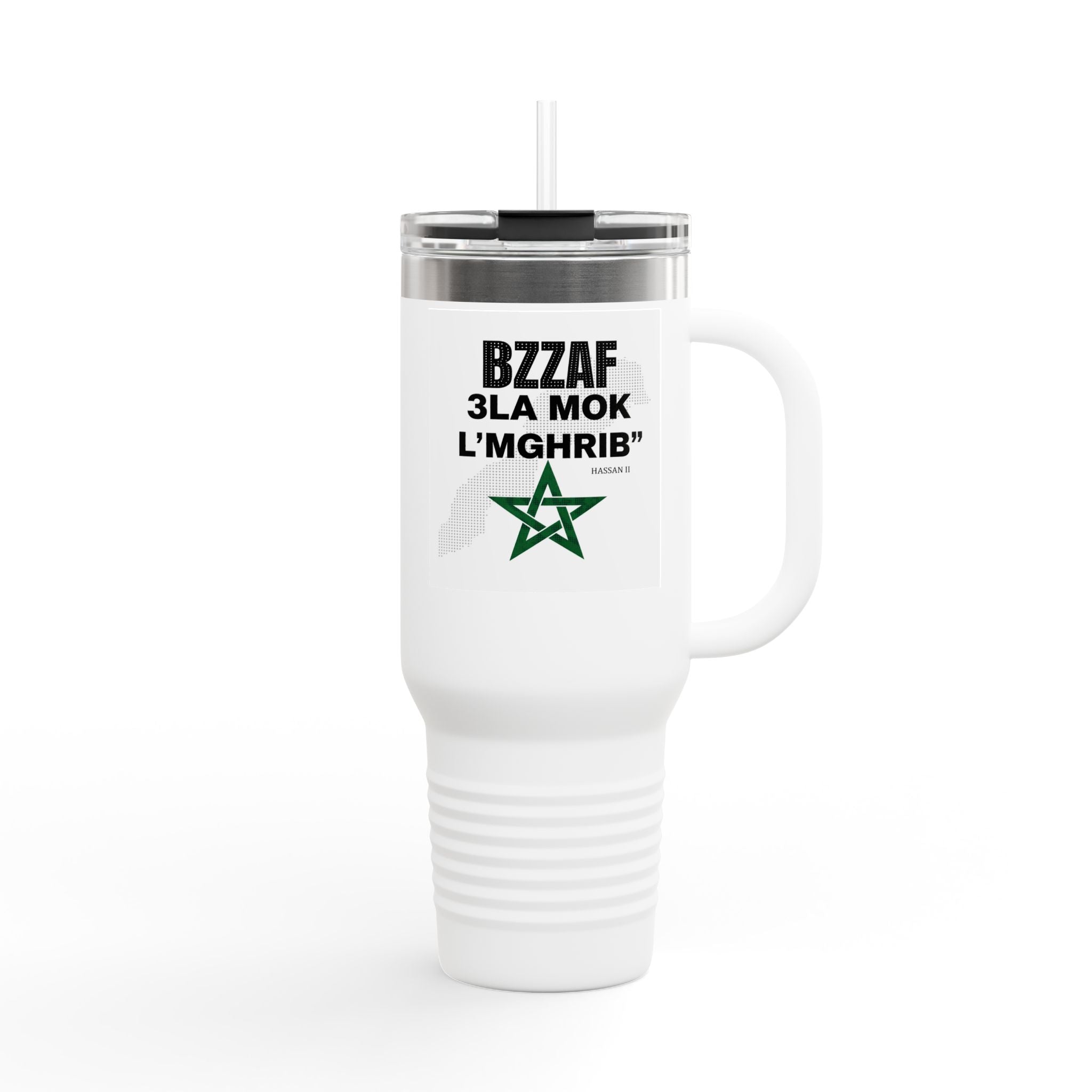 40oz Insulated Travel Mug — "Bzzaf 3la Mok L'Mghrib" Moroccan Pride Tumbler