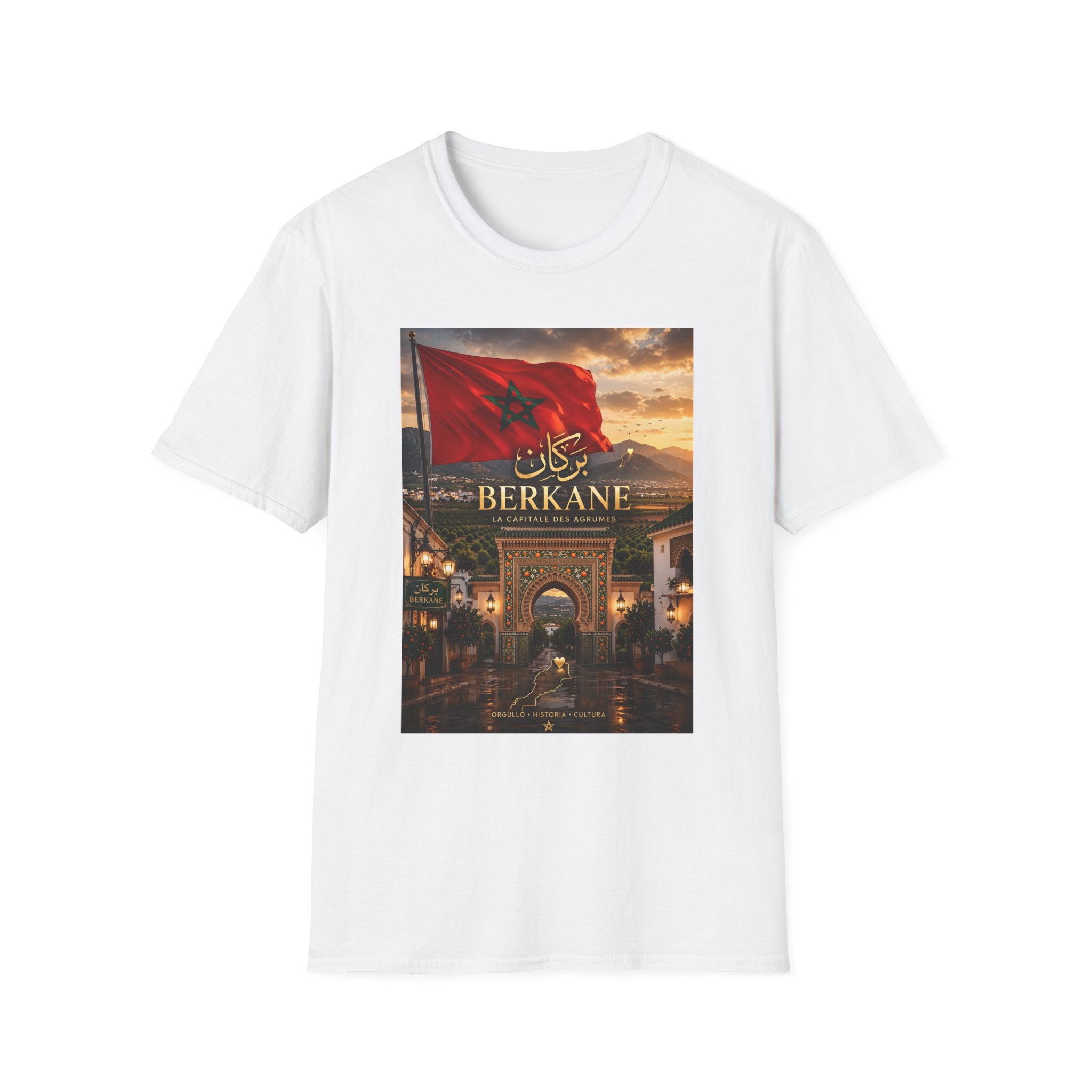Berkane Morocco Flag Graphic T‑Shirt — Arabic Script Sunset Cityscape - LUMÏA