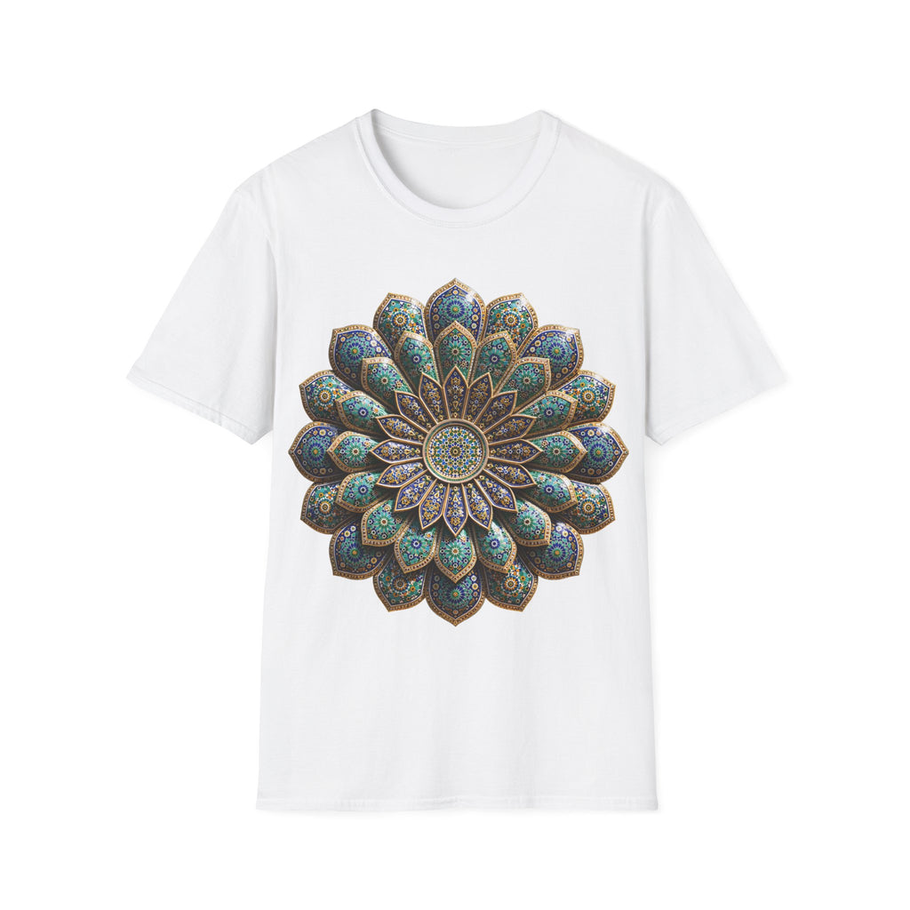 Mandala Flower T-Shirt — Boho Teal & Gold Meditation Graphic Tee