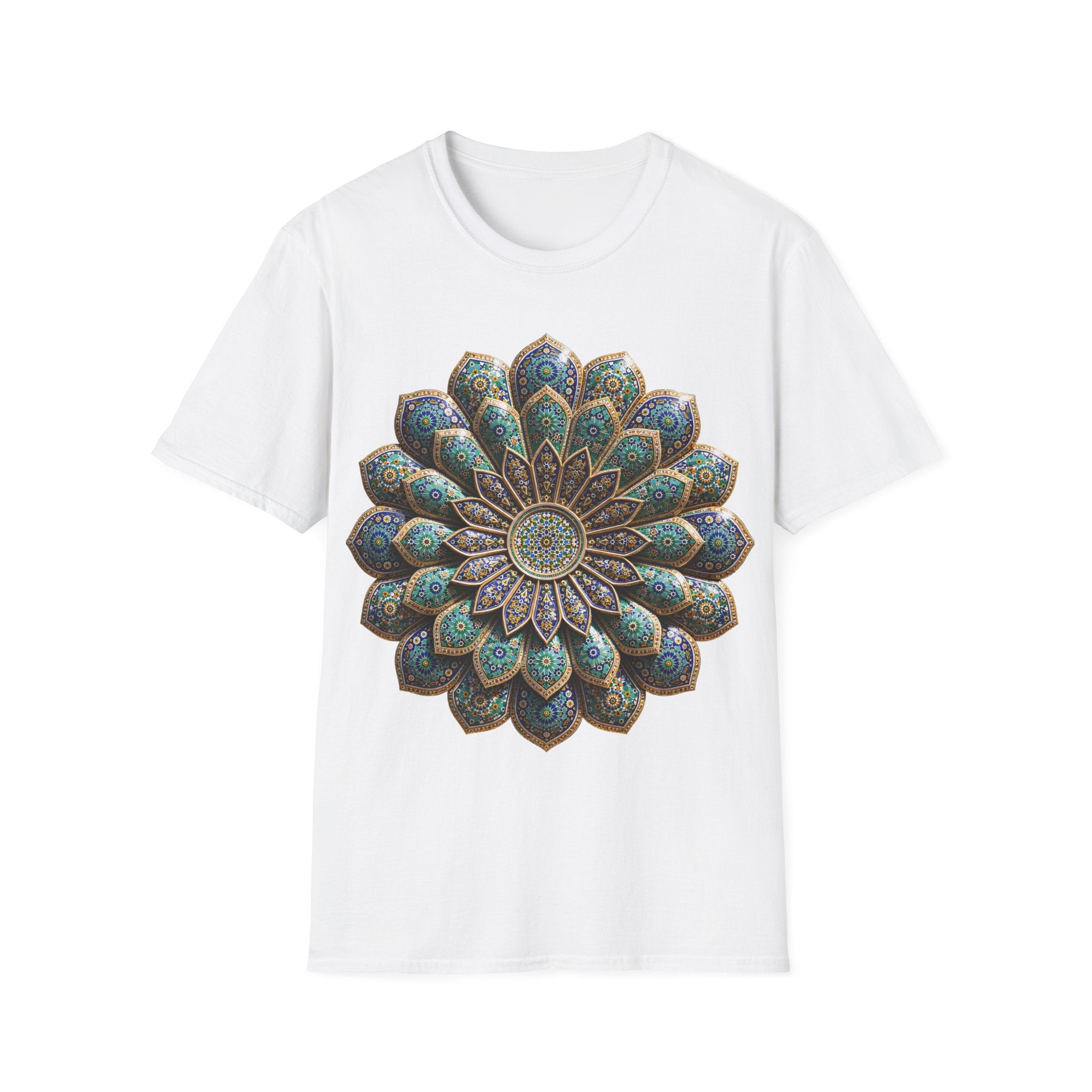 Mandala Flower T-Shirt — Boho Teal & Gold Meditation Graphic Tee