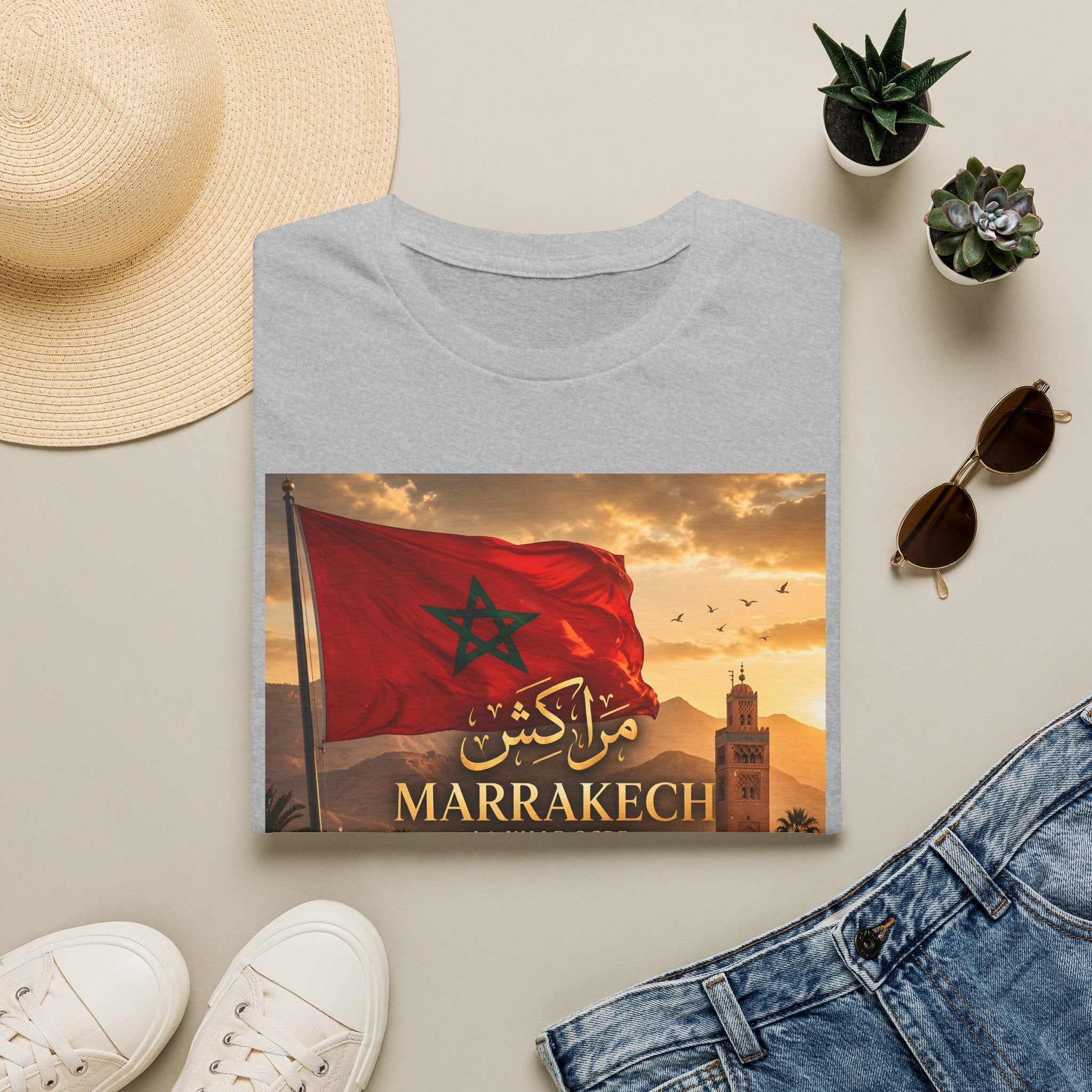 Marrakech Flag Sunset T-Shirt — Moroccan Pride Koutoubia Graphic Tee - LUMÏA