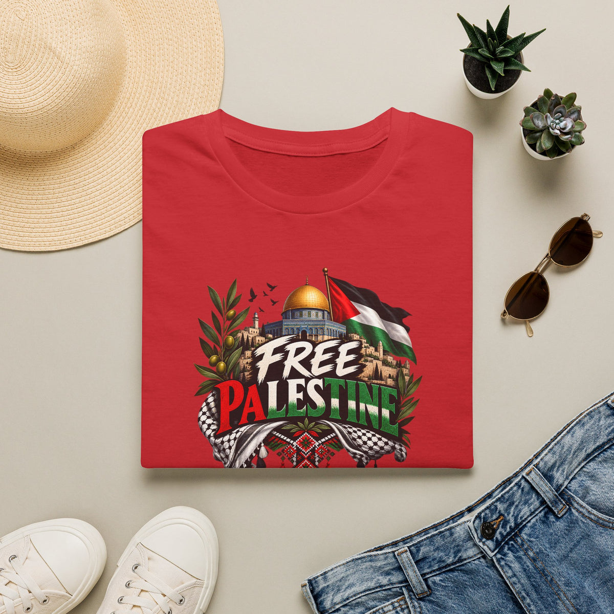 T-shirt Palestine – Motif Dôme du Rocher, branches d’olivier et drapeau - LUMÏA
