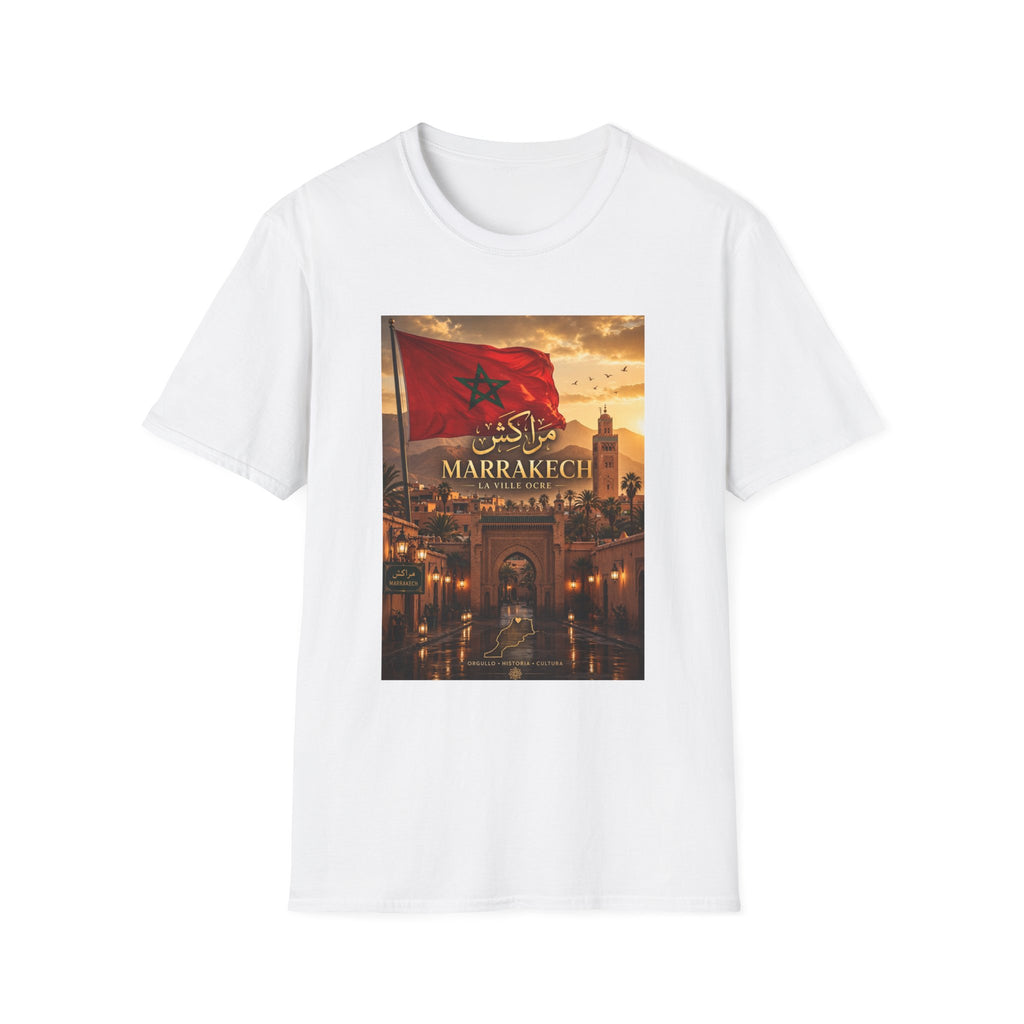 Marrakech Sunset T-Shirt — Moroccan Flag & Medina Vintage Travel Tee
