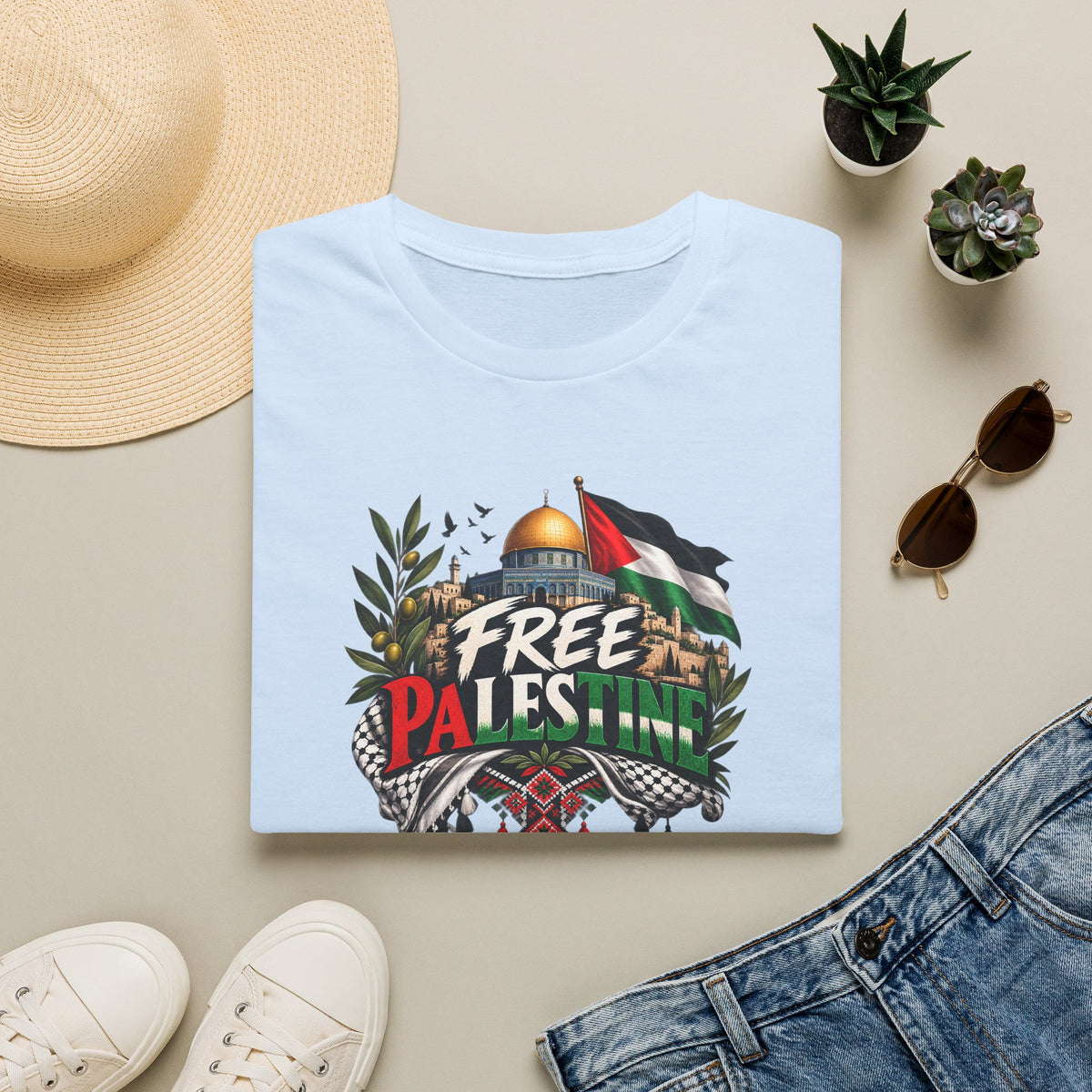 T-shirt Palestine – Motif Dôme du Rocher, branches d’olivier et drapeau - LUMÏA