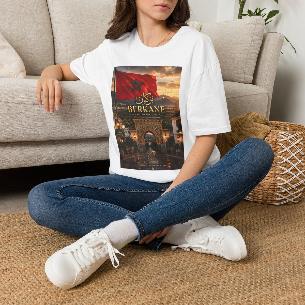 Berkane Morocco Flag Graphic T‑Shirt — Arabic Script Sunset Cityscape - LUMÏA