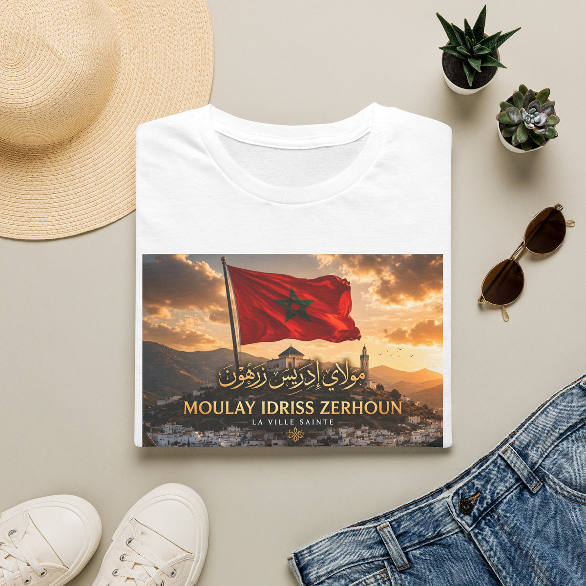 Moulay Idriss Zerhoun Morocco Flag T‑Shirt – Scenic Cityscape Tee - LUMÏA