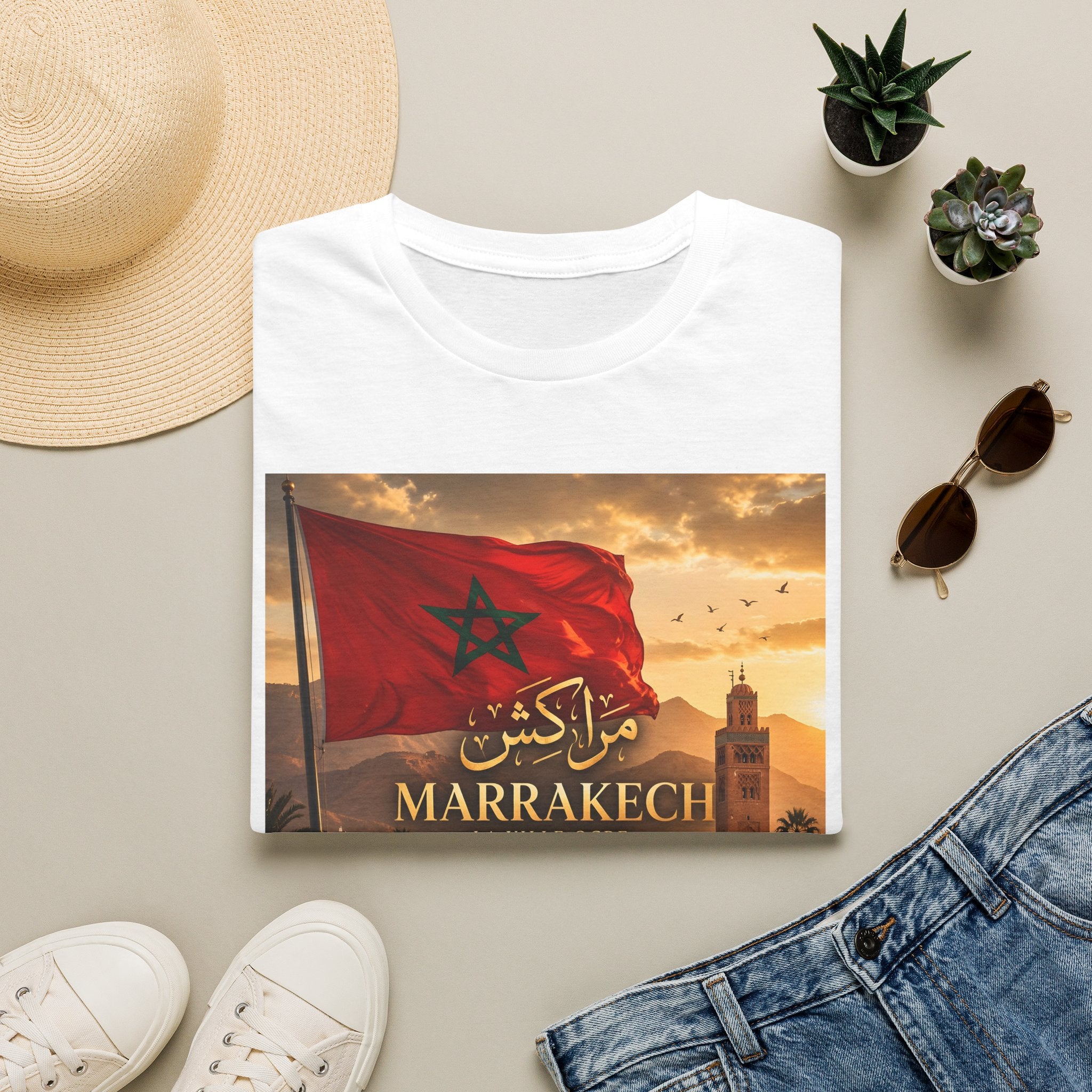 Marrakech Flag Sunset T-Shirt — Moroccan Pride Koutoubia Graphic Tee - LUMÏA