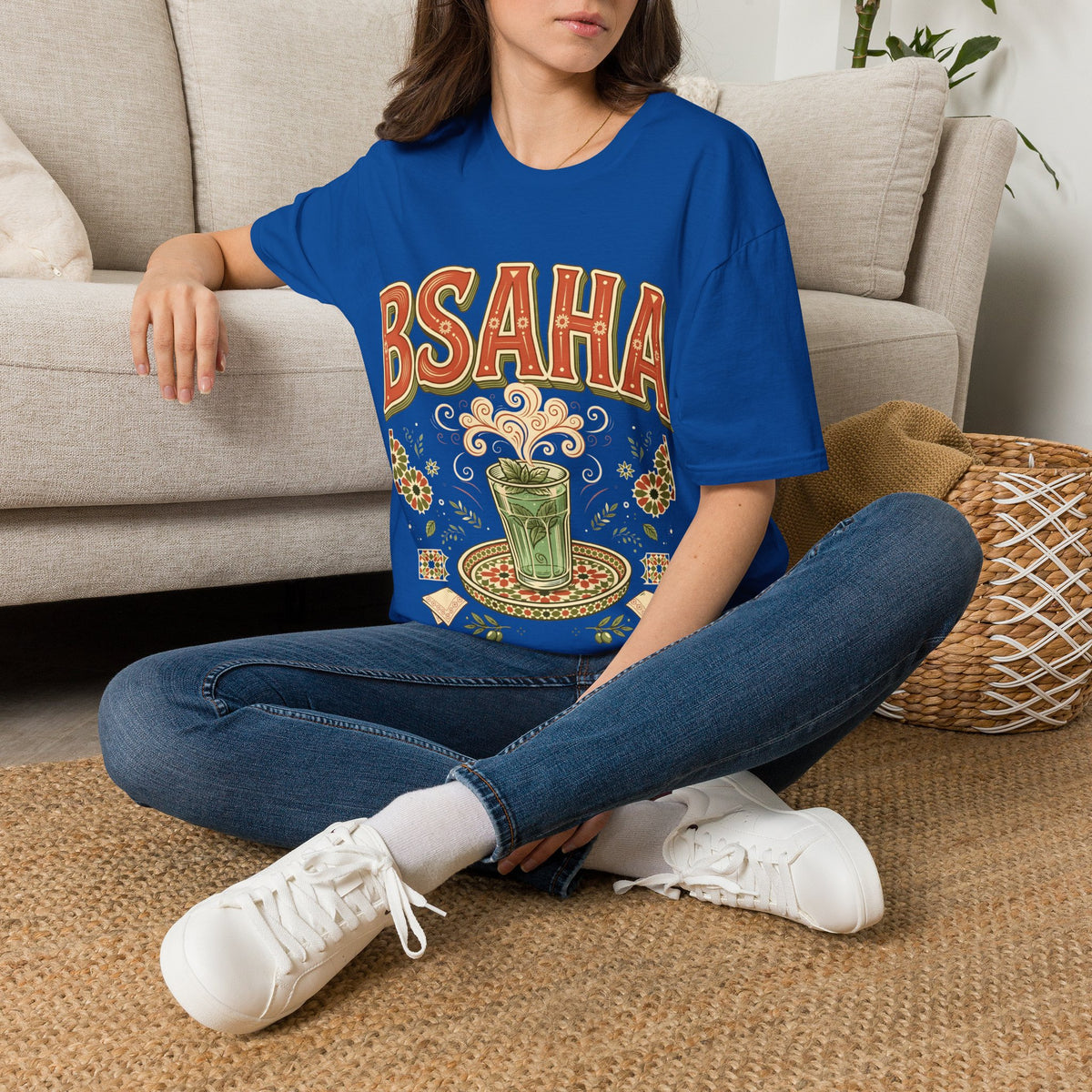 T-Shirt — 'BSAHA' Retro Floral Tee with Matcha Glass Graphic - LUMÏA