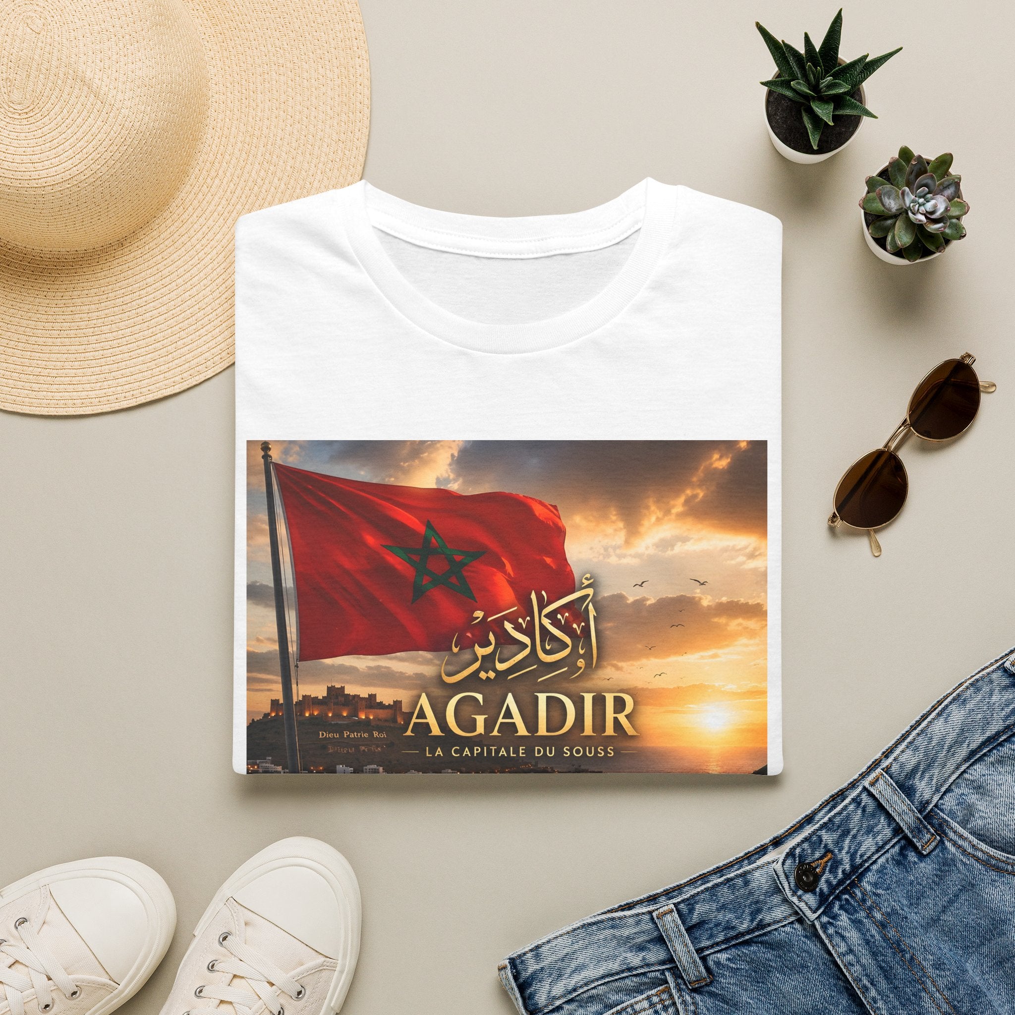 Agadir Morocco Flag T-Shirt — Sunset Cityscape with Arabic Script - LUMÏA