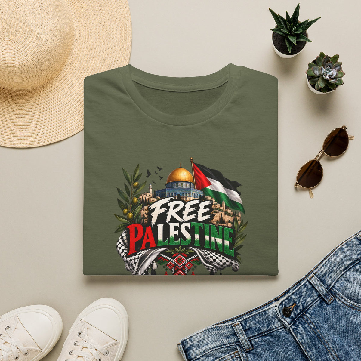 T-shirt Palestine – Motif Dôme du Rocher, branches d’olivier et drapeau - LUMÏA
