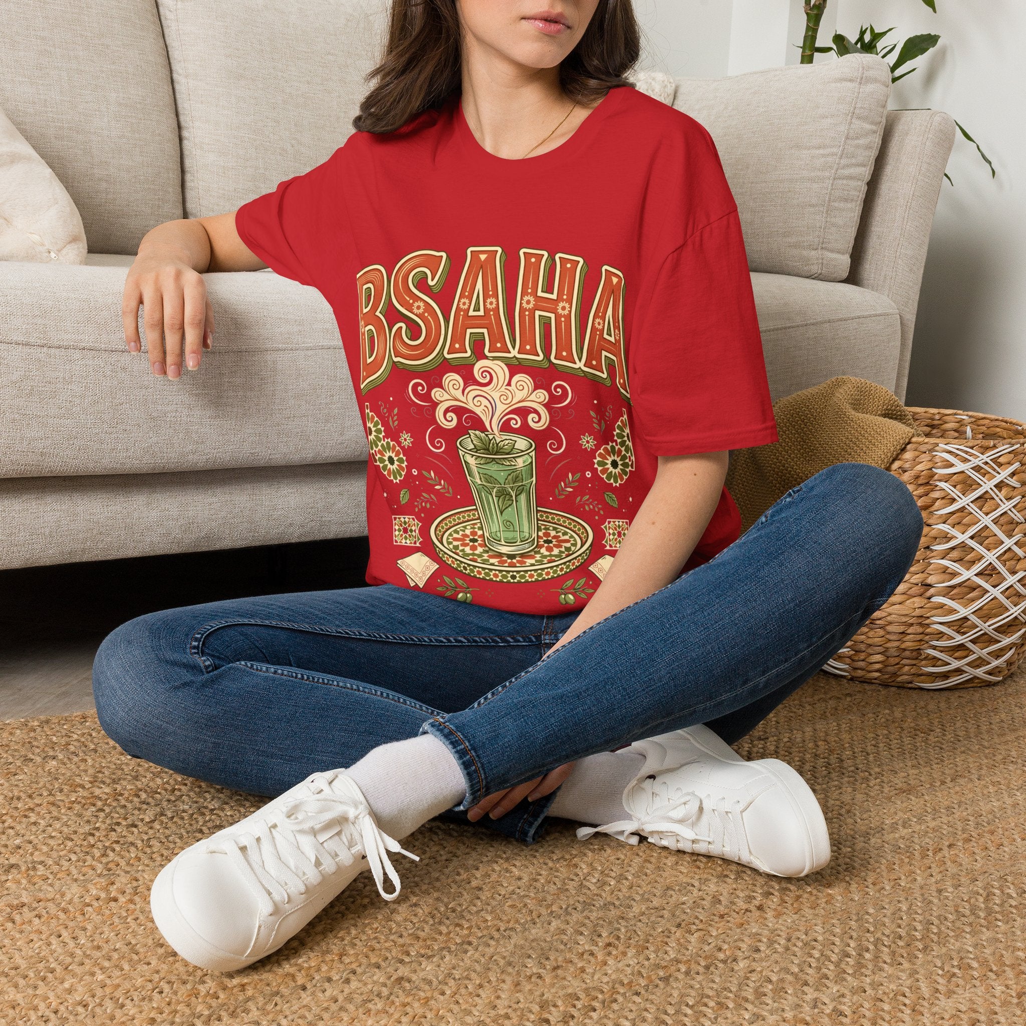T-Shirt — 'BSAHA' Retro Floral Tee with Matcha Glass Graphic - LUMÏA