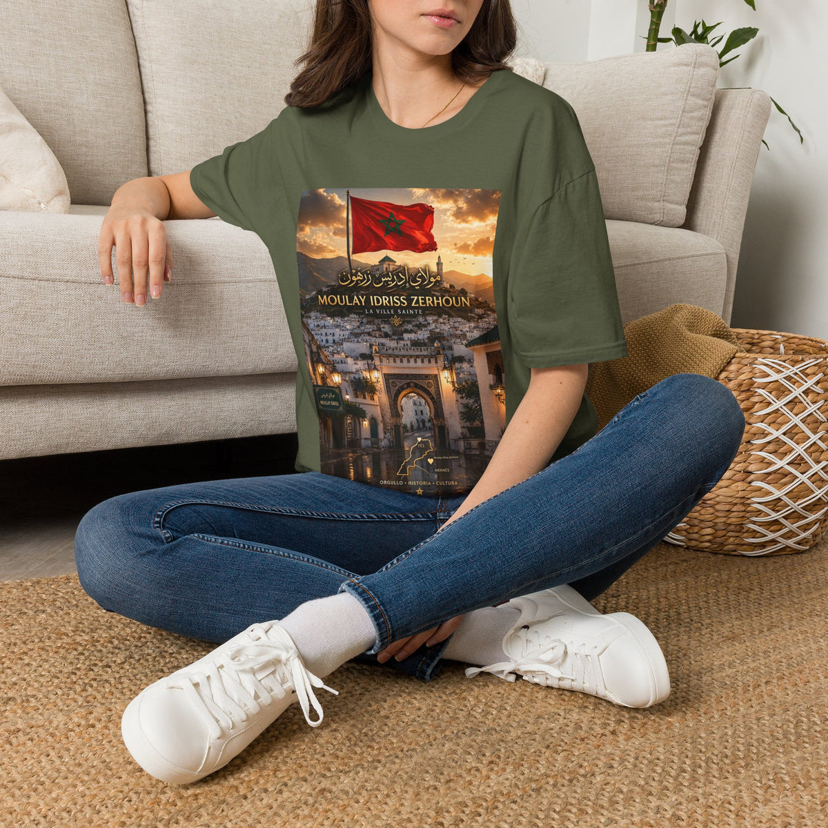 Moulay Idriss Zerhoun Morocco Flag T‑Shirt — Scenic Sunset Cityscape Tee - LUMÏA