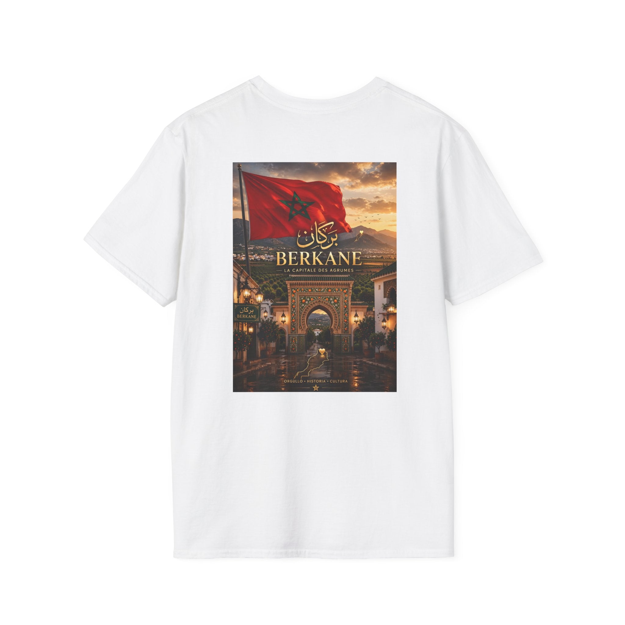 Berkane Morocco Flag Graphic T‑Shirt — Arabic Script Sunset Cityscape - LUMÏA