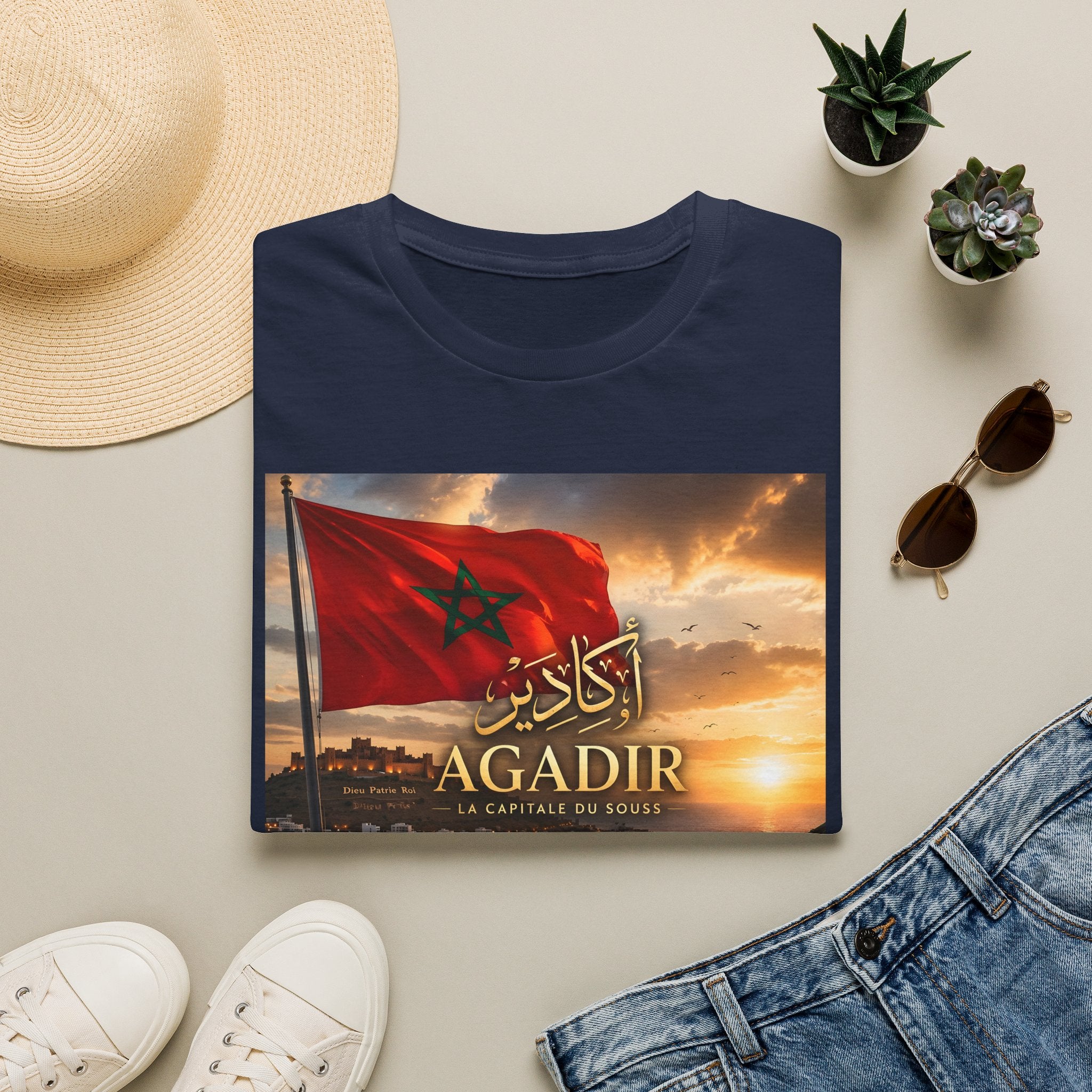 Agadir Morocco Flag T-Shirt — Sunset Cityscape with Arabic Script - LUMÏA