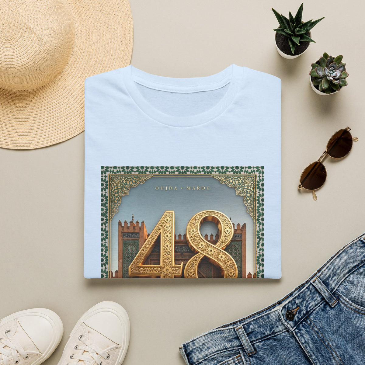 48 Oujda Arch Gold T-Shirt — Moroccan City Souvenir Graphic Tee - LUMÏA