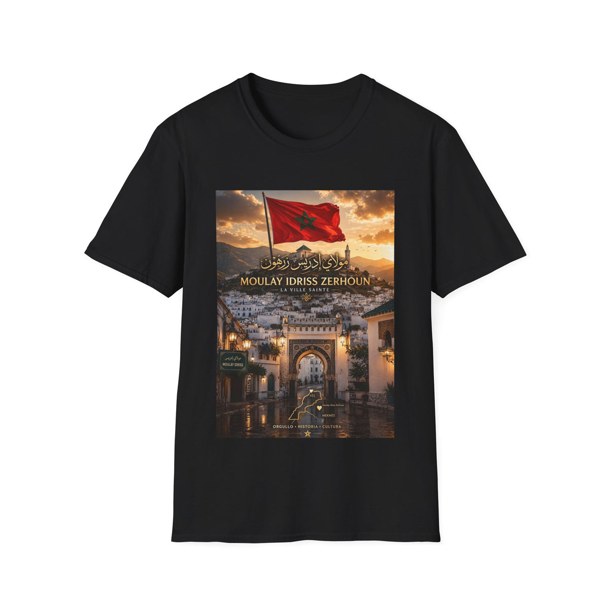 Moulay Idriss Zerhoun Morocco Flag T‑Shirt — Scenic Sunset Cityscape Tee - LUMÏA