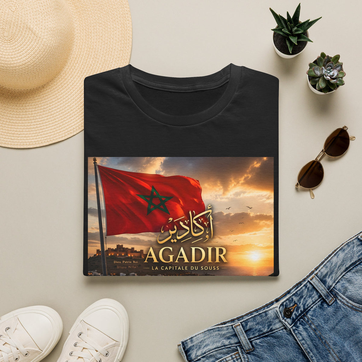 Agadir Morocco Flag T-Shirt — Sunset Cityscape with Arabic Script - LUMÏA