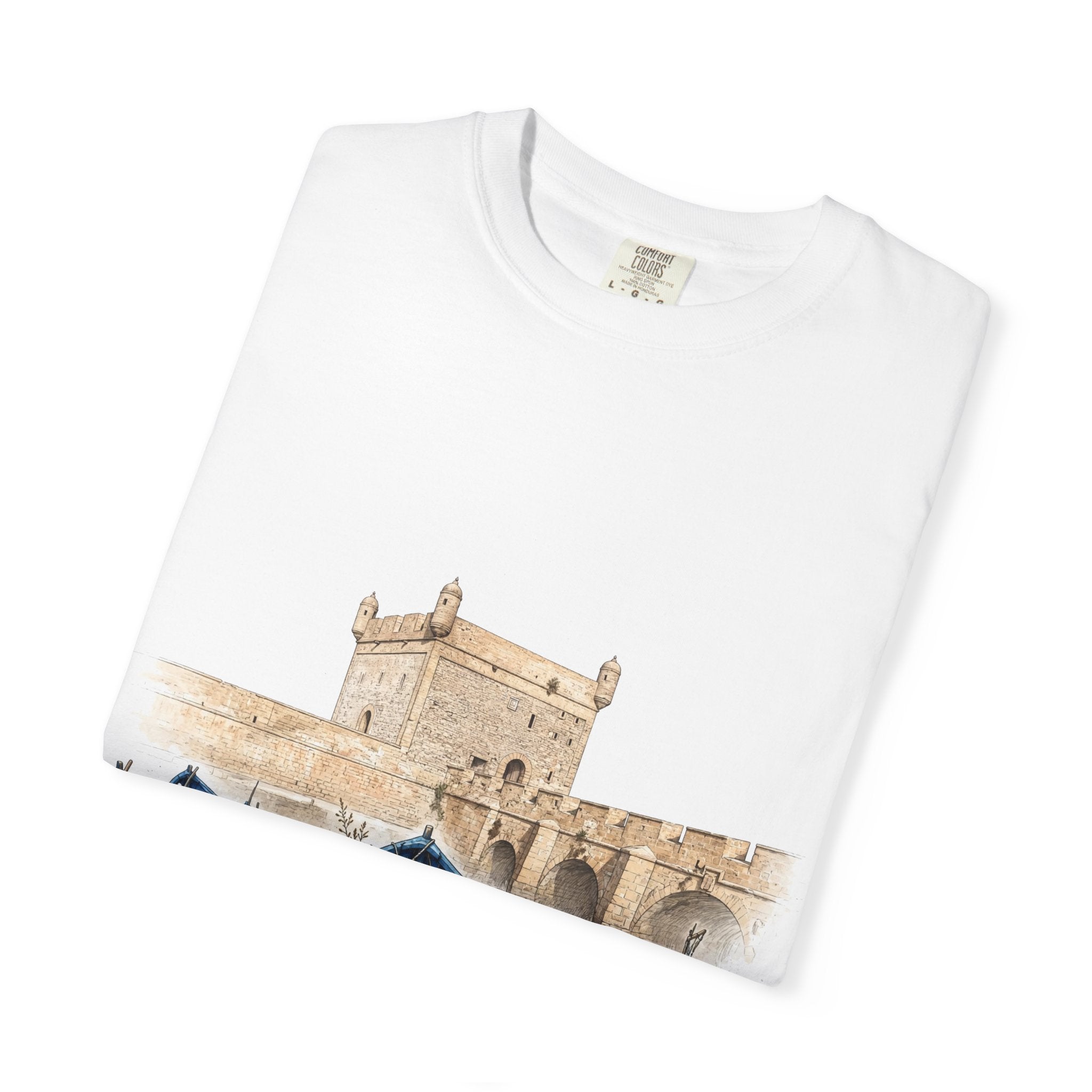 Boat Harbor T-Shirt — Moroccan Blue Fishing Boats & Kasbah Illustration