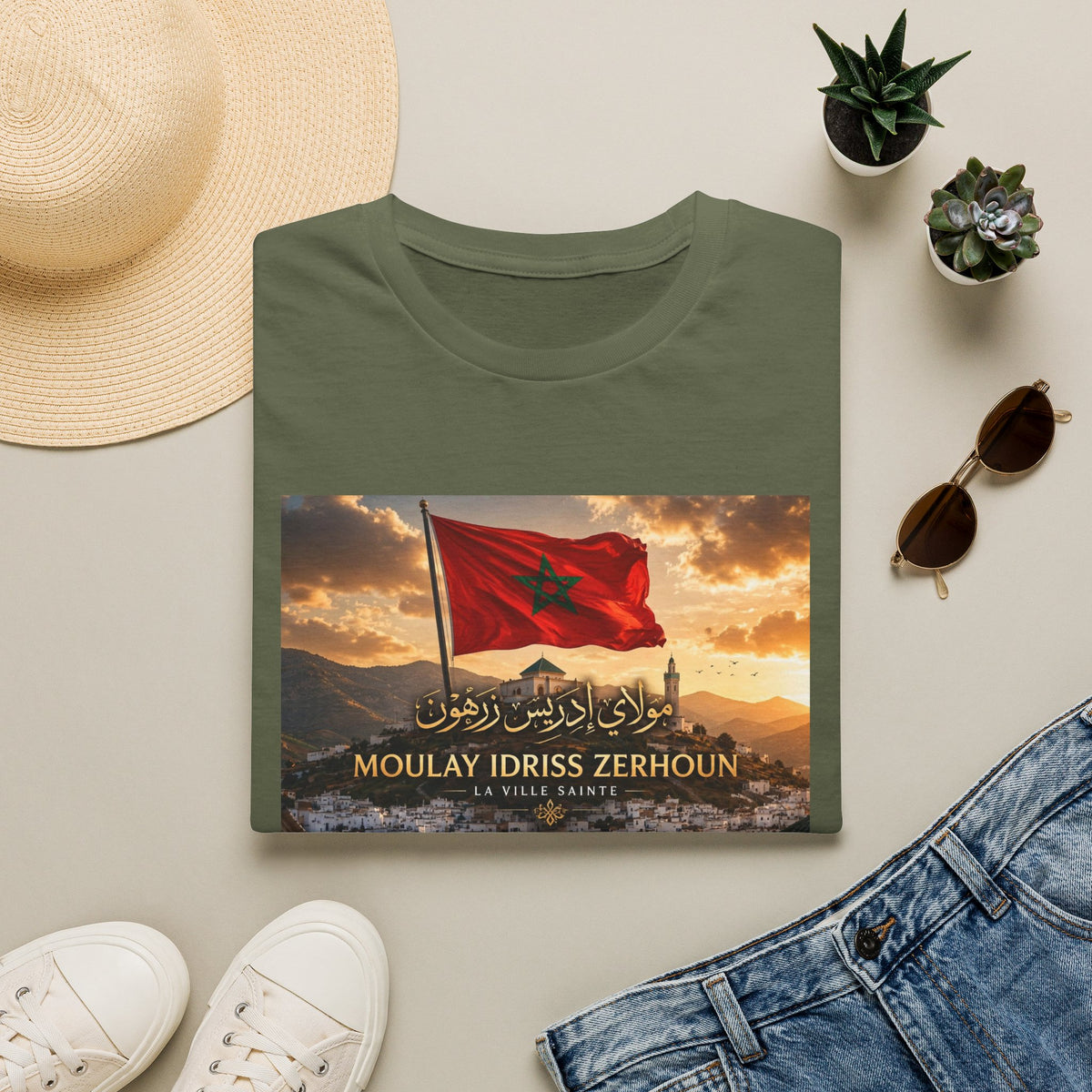 Moulay Idriss Zerhoun Morocco Flag T‑Shirt — Scenic Sunset Cityscape Tee - LUMÏA