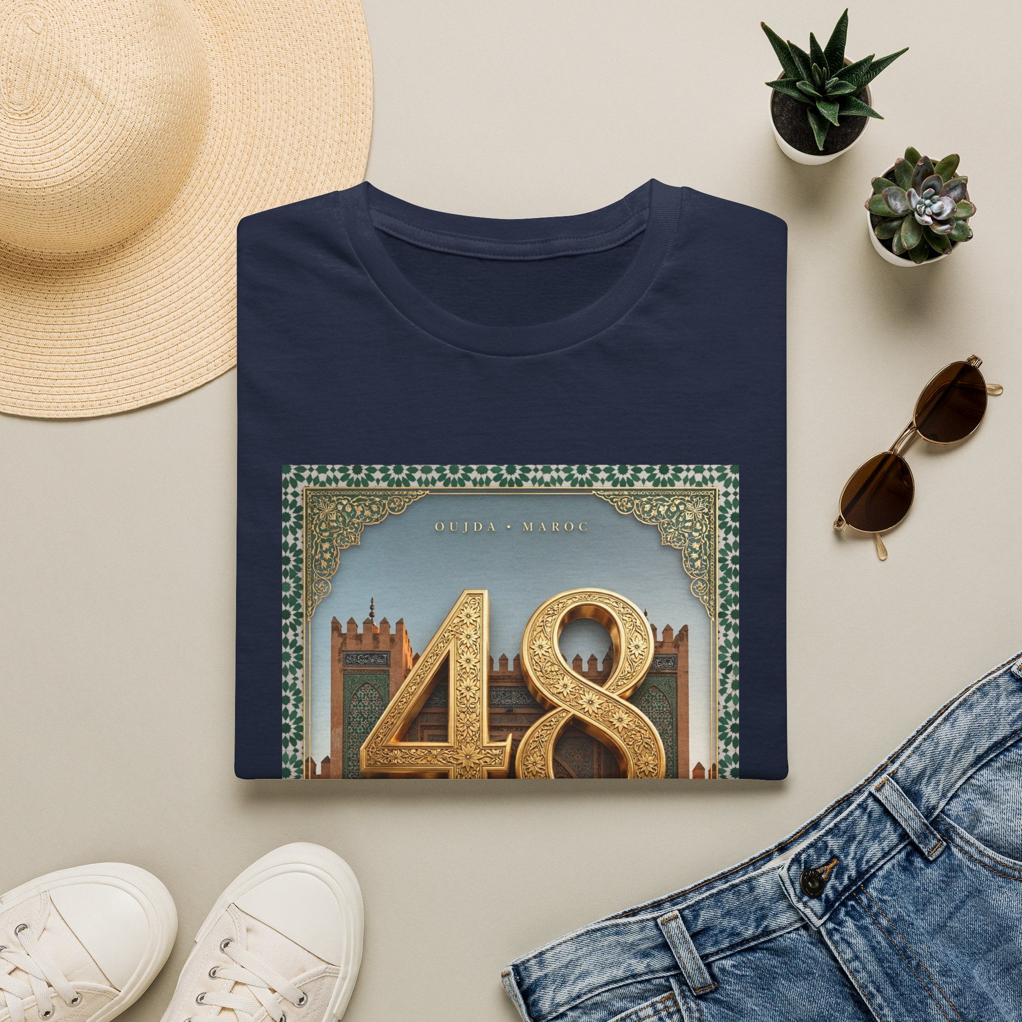 48 Oujda Arch Gold T-Shirt — Moroccan City Souvenir Graphic Tee - LUMÏA