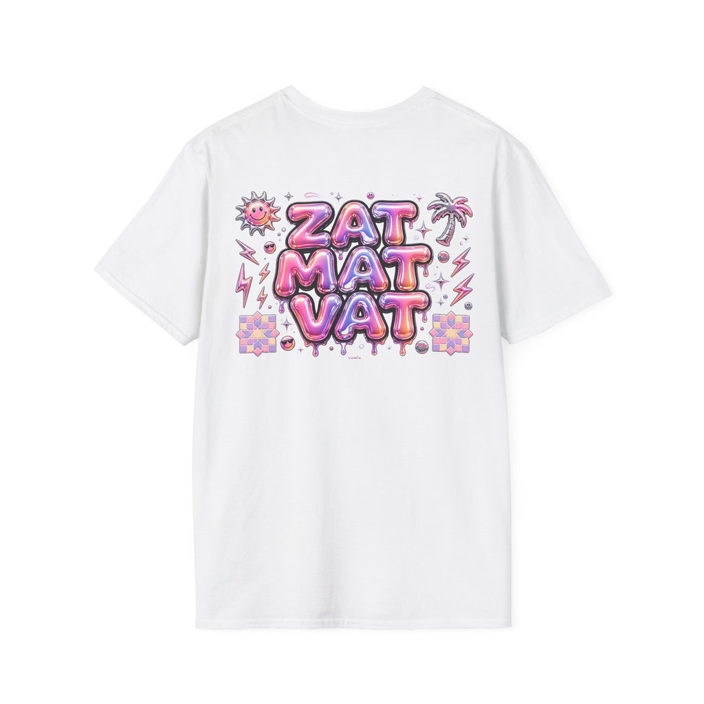 Retro Bubble-Text Tee — 'ZAT MAT VAT' Pink Tropical Graphic T-Shirt