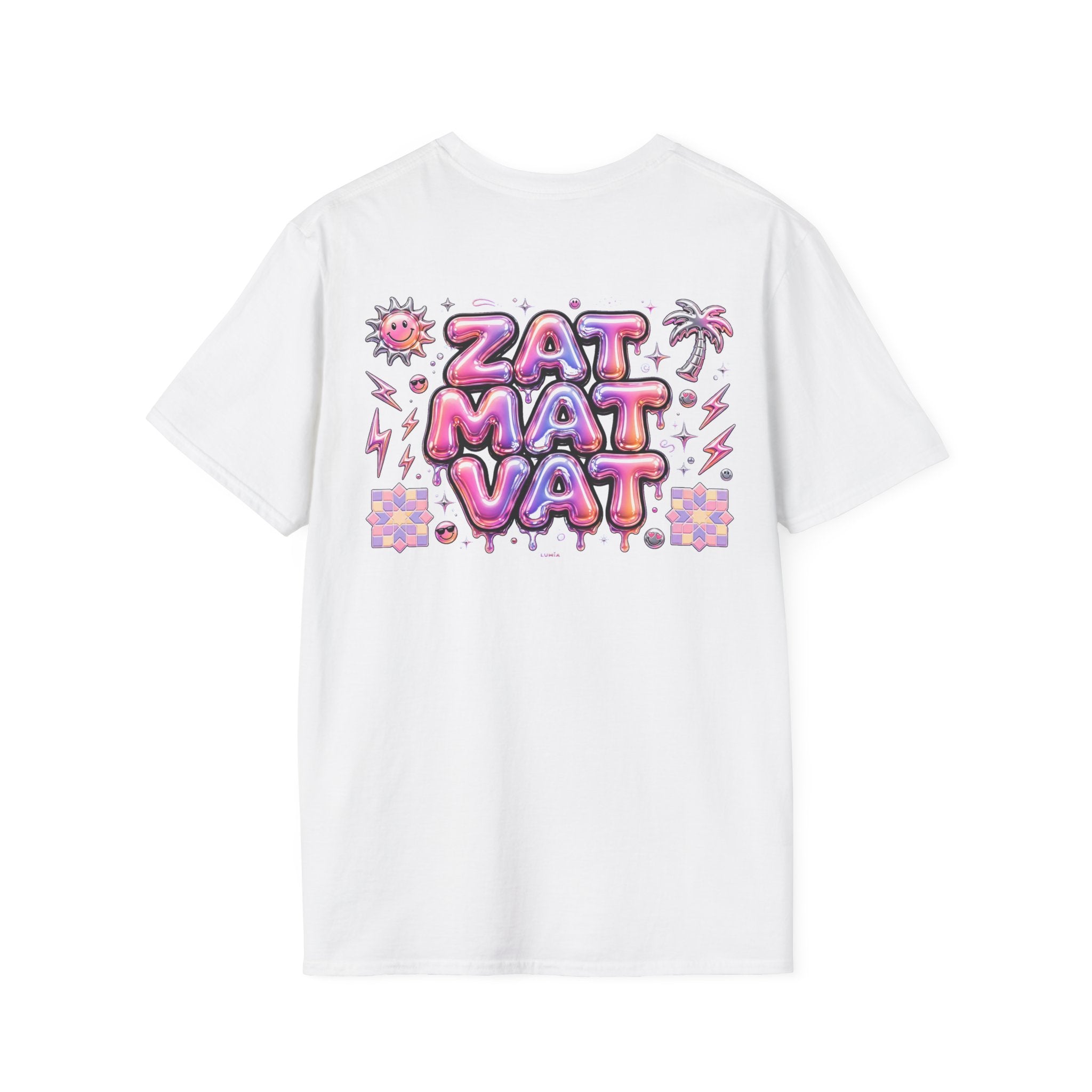 Retro Bubble-Text Tee — 'ZAT MAT VAT' Pink Tropical Graphic T-Shirt