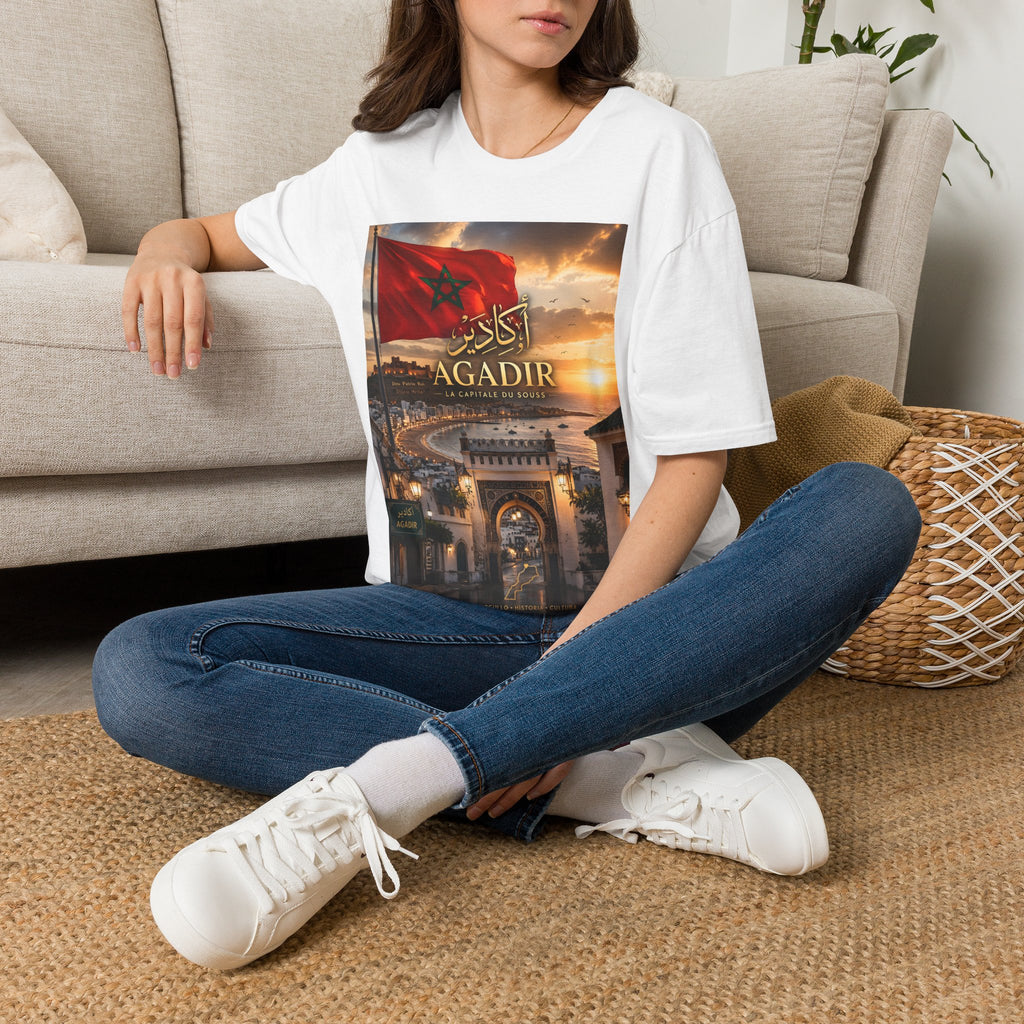 Agadir Morocco Flag T-Shirt — Sunset Cityscape with Arabic Script
