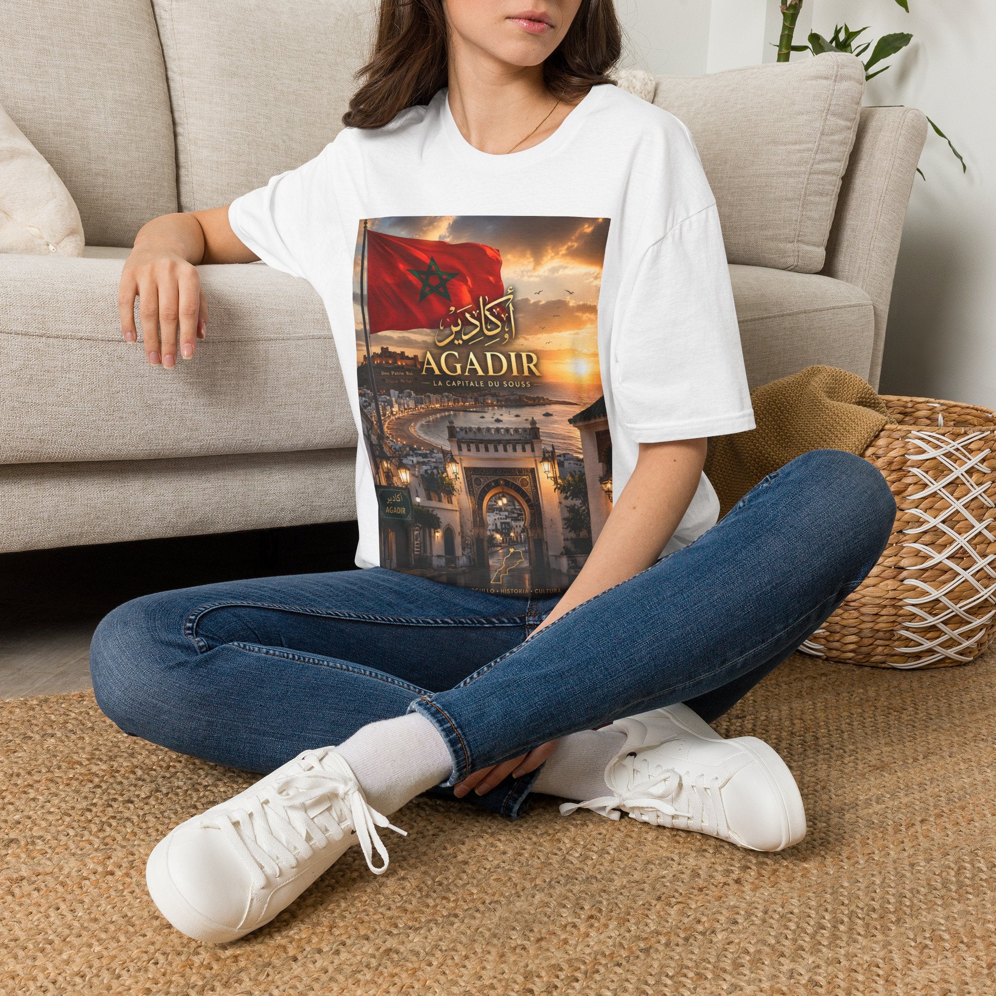 Agadir Morocco Flag T-Shirt — Sunset Cityscape with Arabic Script