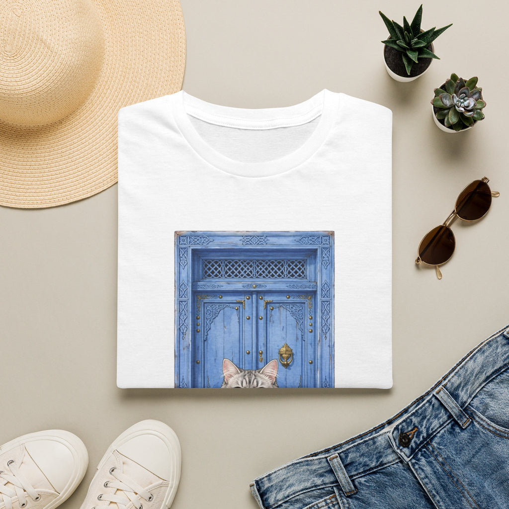 Cat by Blue Door T-Shirt — Charming Cat Illustration Tee