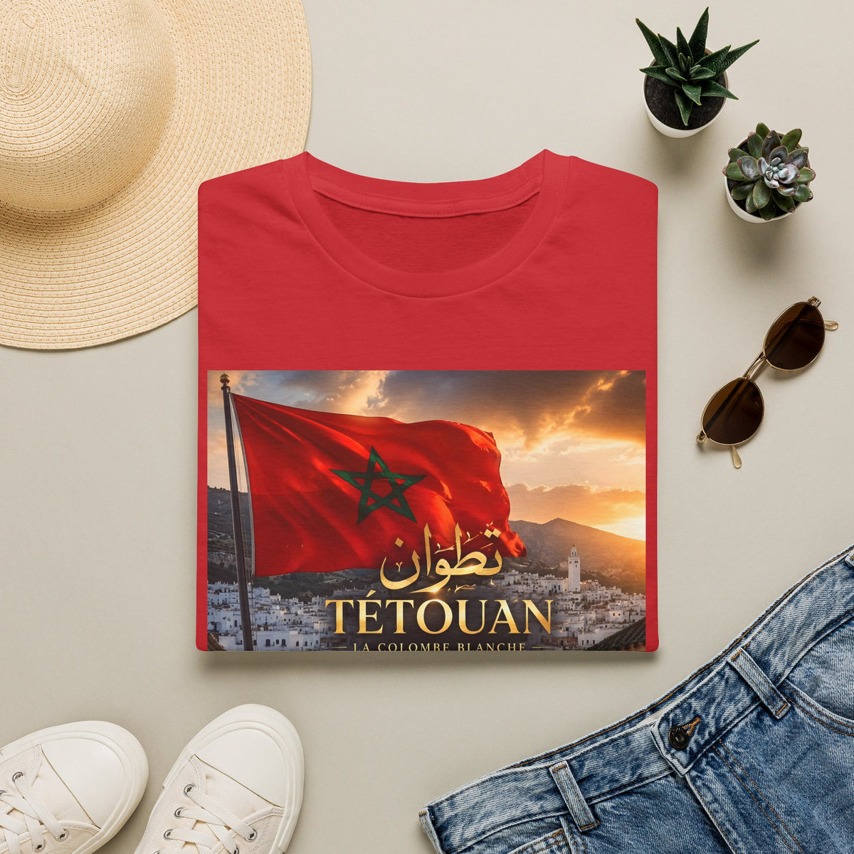 Tétouan Morocco Flag T-Shirt – Sunset Cityscape Tee with Arabic Script - LUMÏA