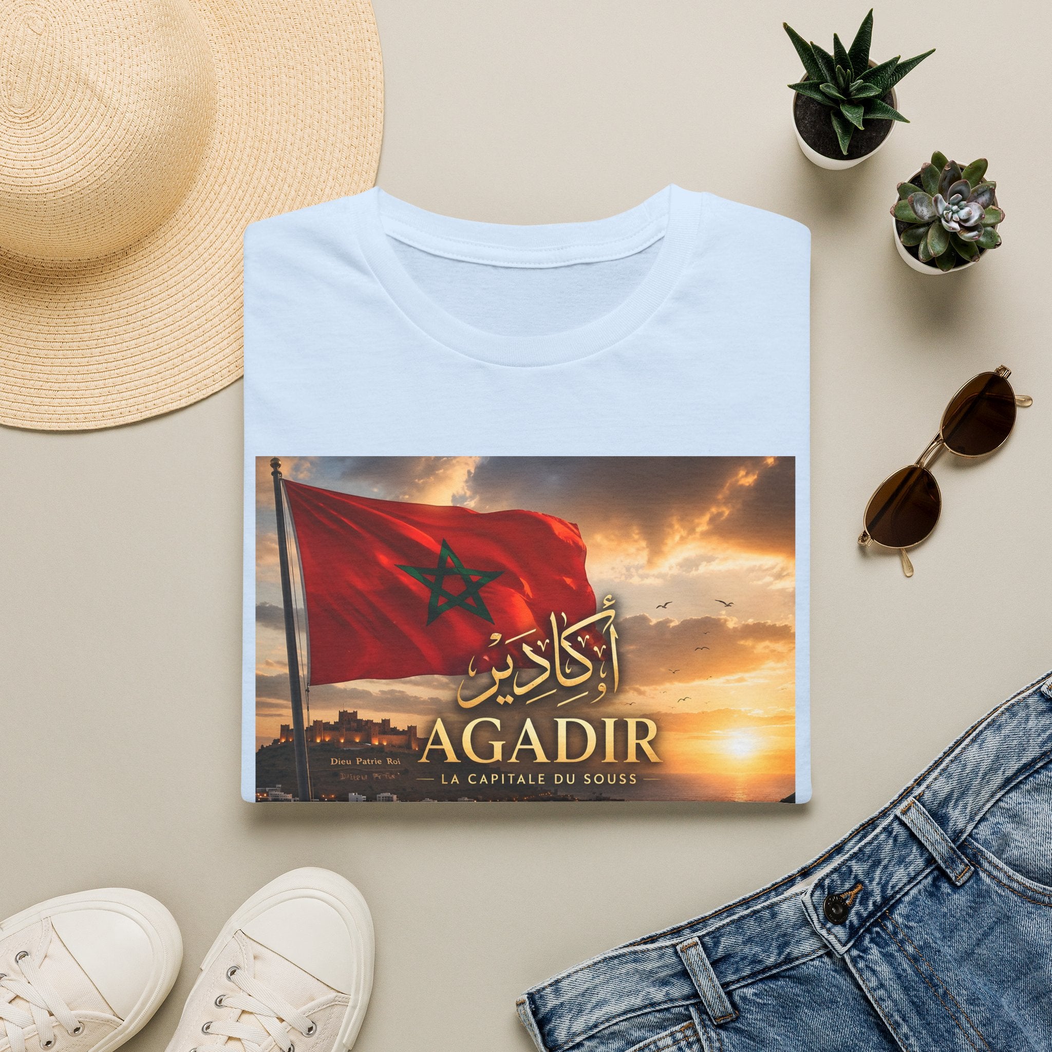 Agadir Morocco Flag T-Shirt — Sunset Cityscape with Arabic Script
