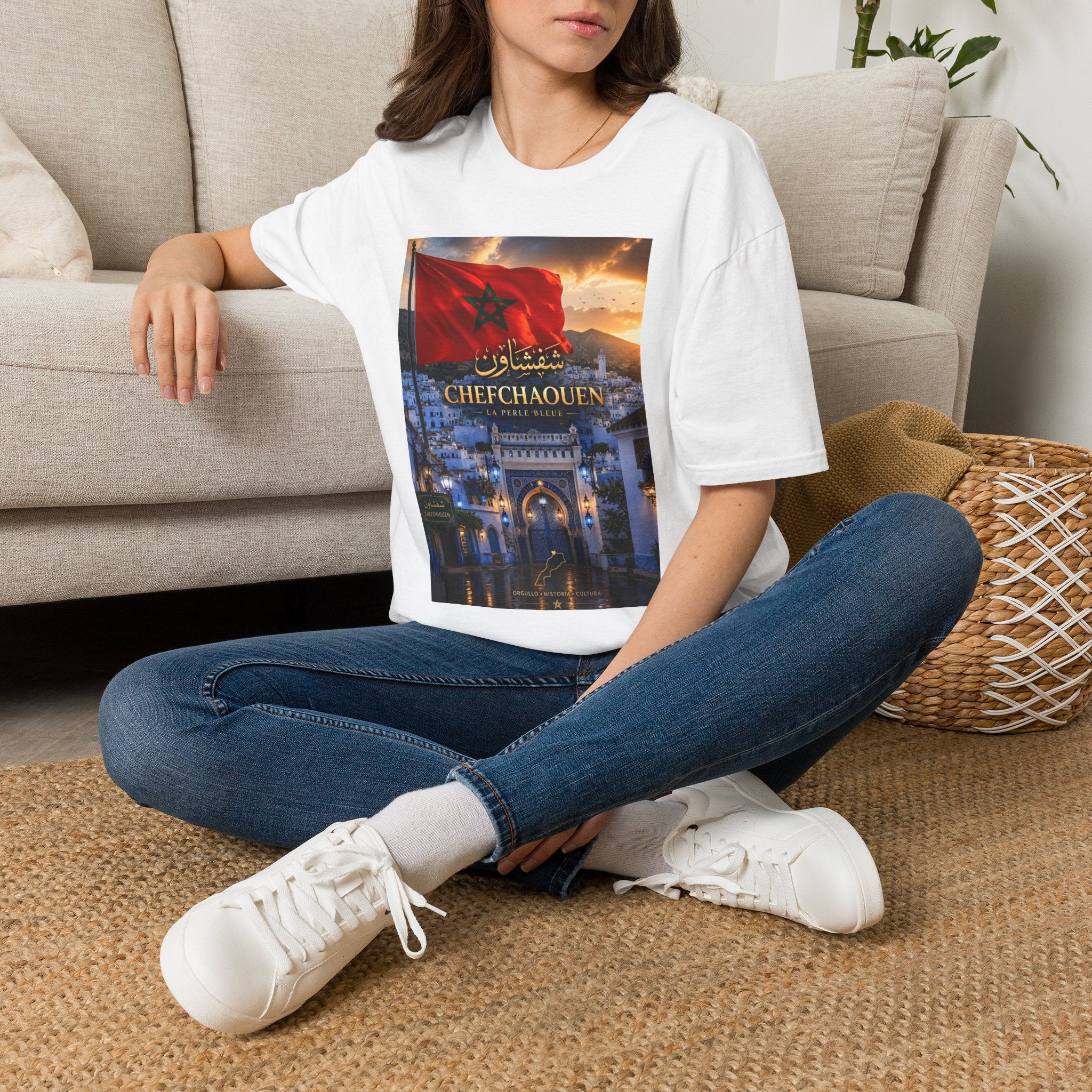 Chefchaouen Morocco Flag Graphic T-Shirt — La Perle Bleue Cityscape Tee
