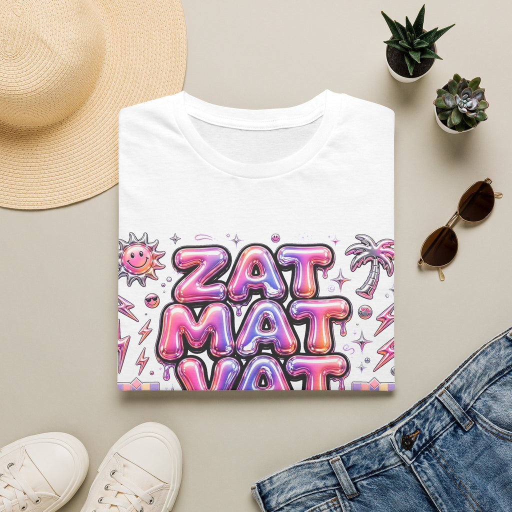 Retro Bubble-Text Tee — 'ZAT MAT VAT' Pink Tropical Graphic T-Shirt