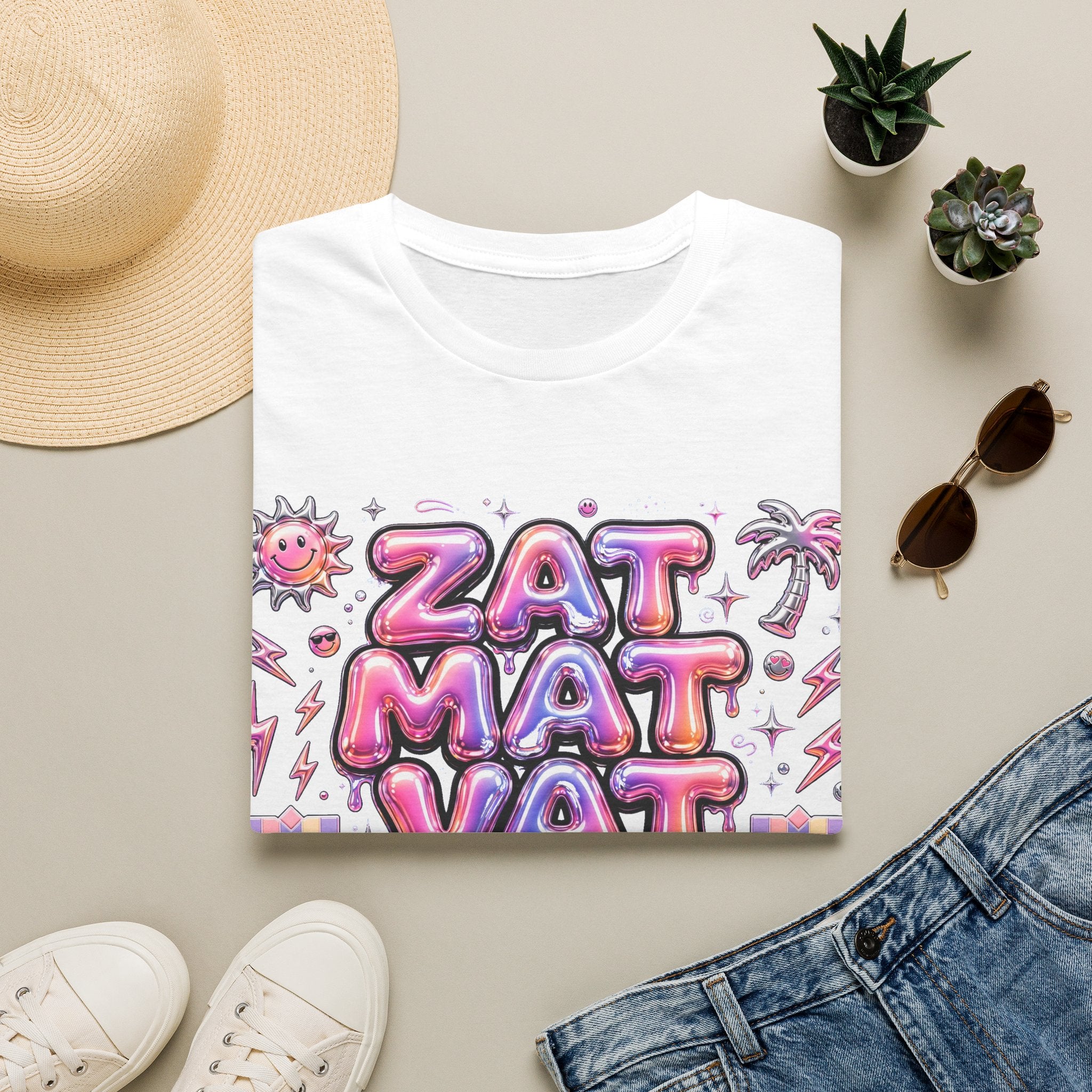 Retro Bubble-Text Tee — 'ZAT MAT VAT' Pink Tropical Graphic T-Shirt